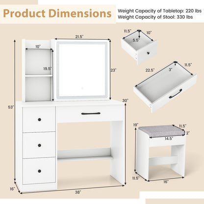 Vanity Desk with Sliding Mirror and Lights, 4 Drawers