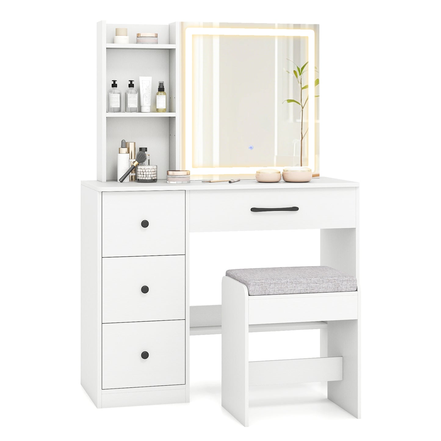 Vanity Desk with Sliding Mirror and Lights, 4 Drawers