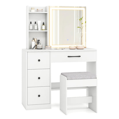 Vanity Desk with Sliding Mirror and Lights, 4 Drawers