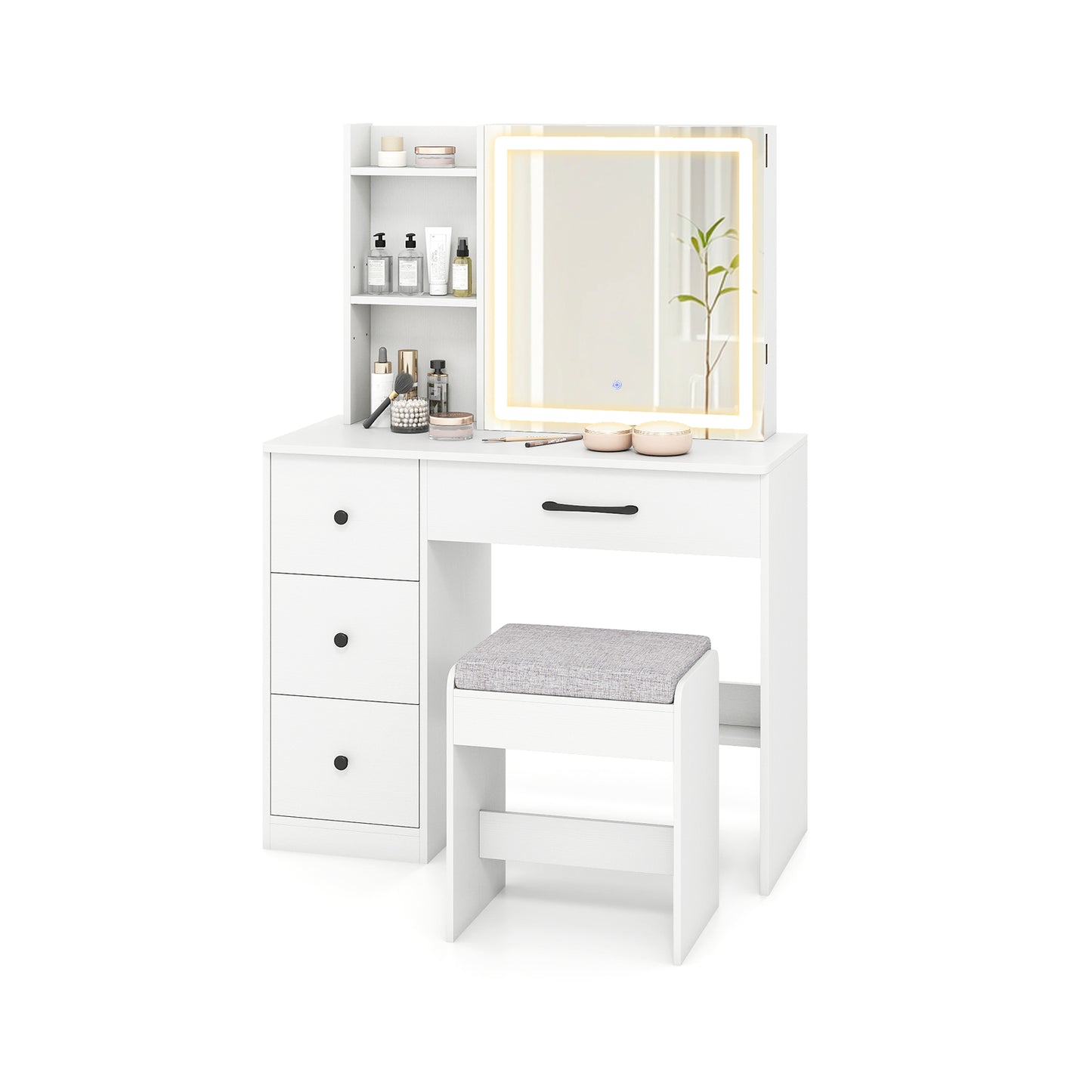 Vanity Desk with Sliding Mirror and Lights, 4 Drawers