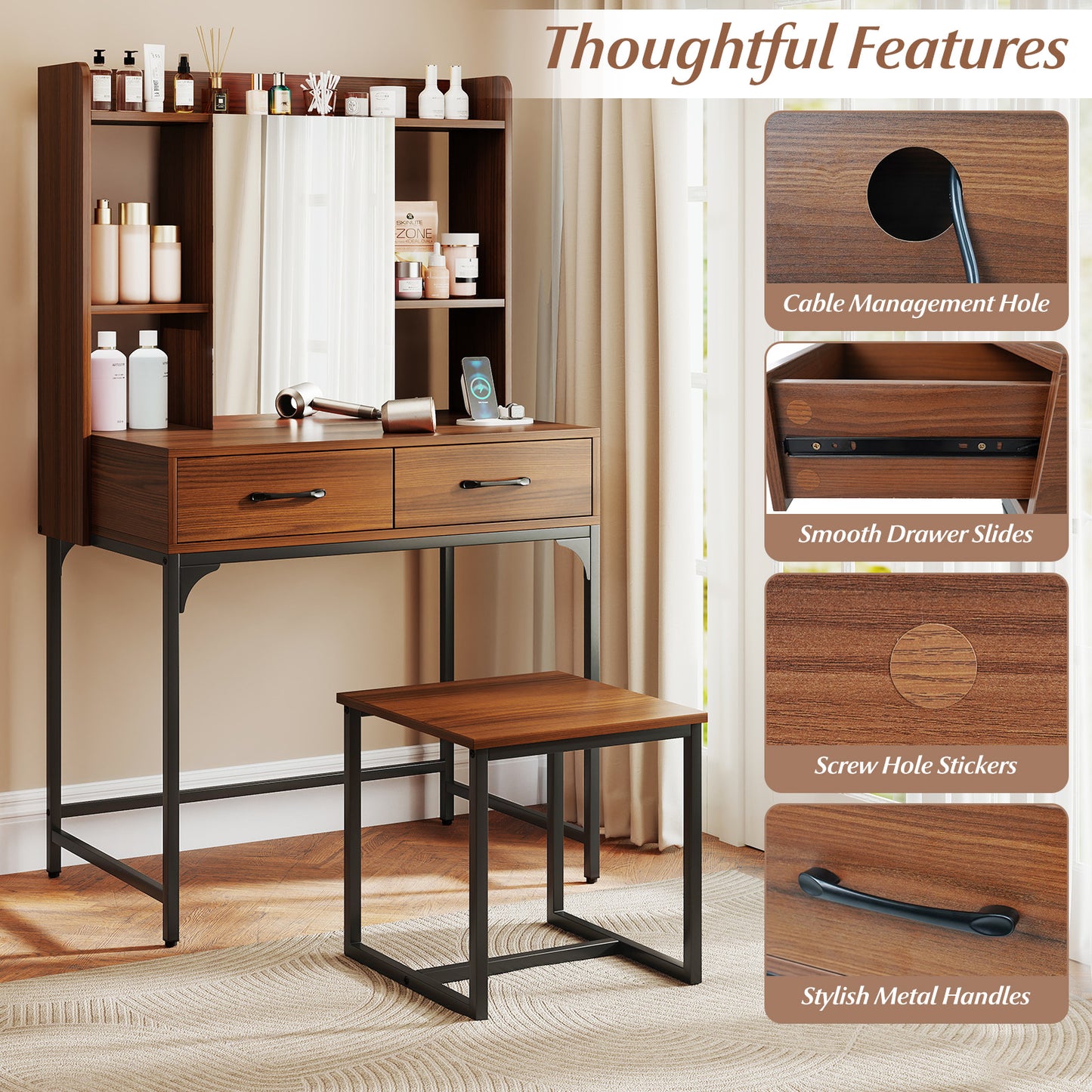 Vanity Desk with Charging Station and Storage Drawers