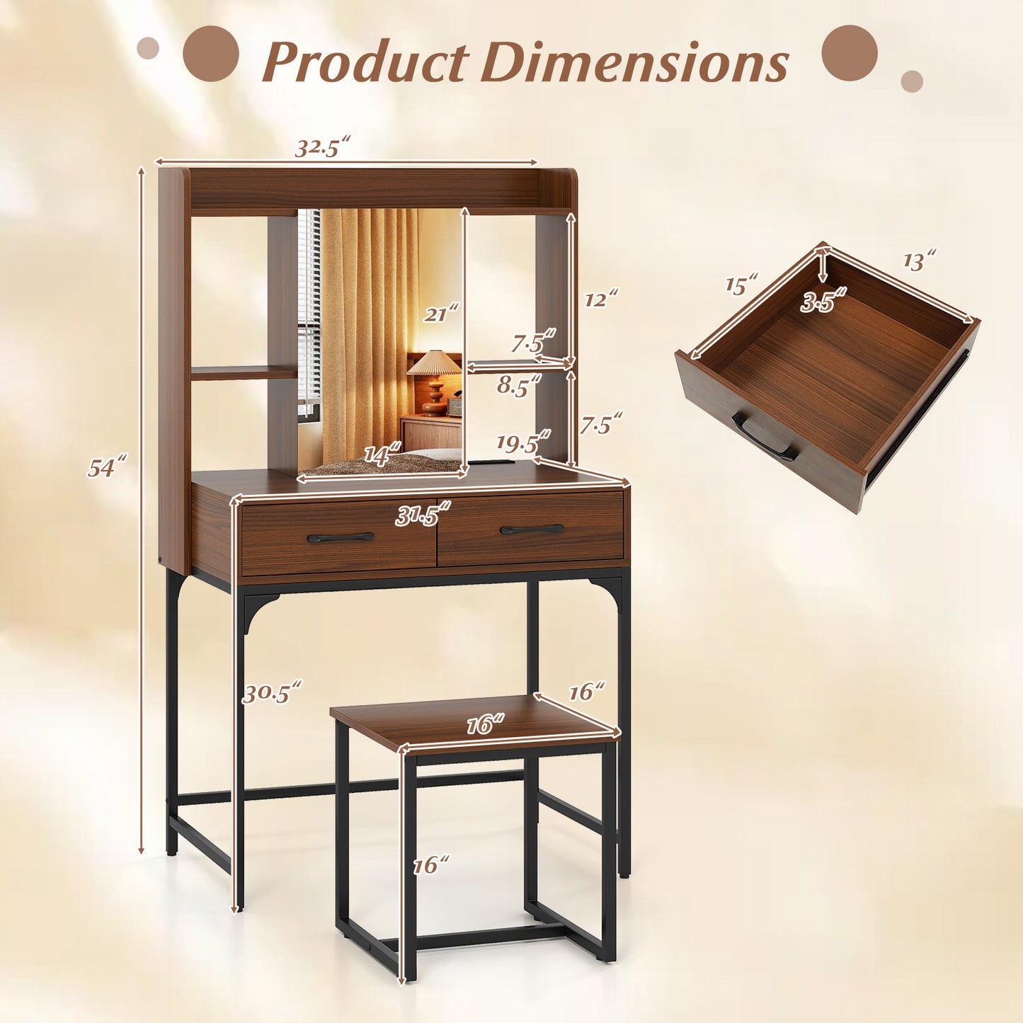 Vanity Desk with Charging Station and Storage Drawers