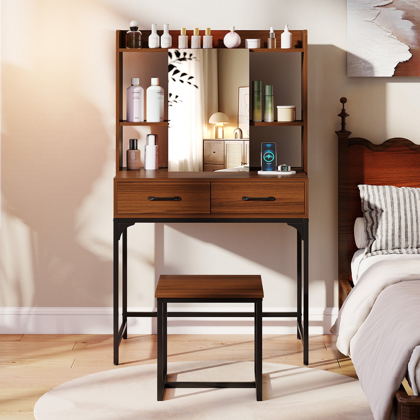 Vanity Desk with Charging Station and Storage Drawers