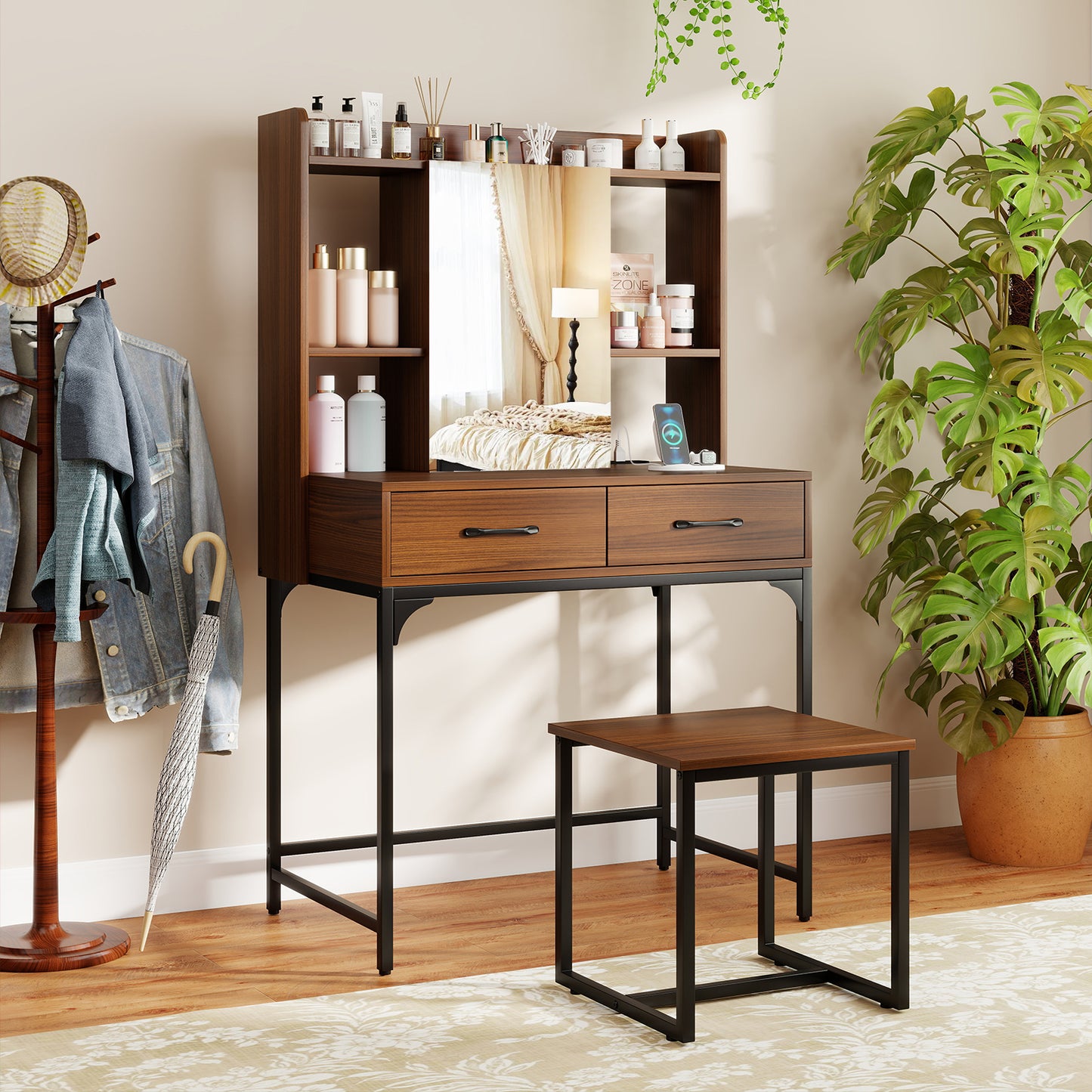 Vanity Desk with Charging Station and Storage Drawers