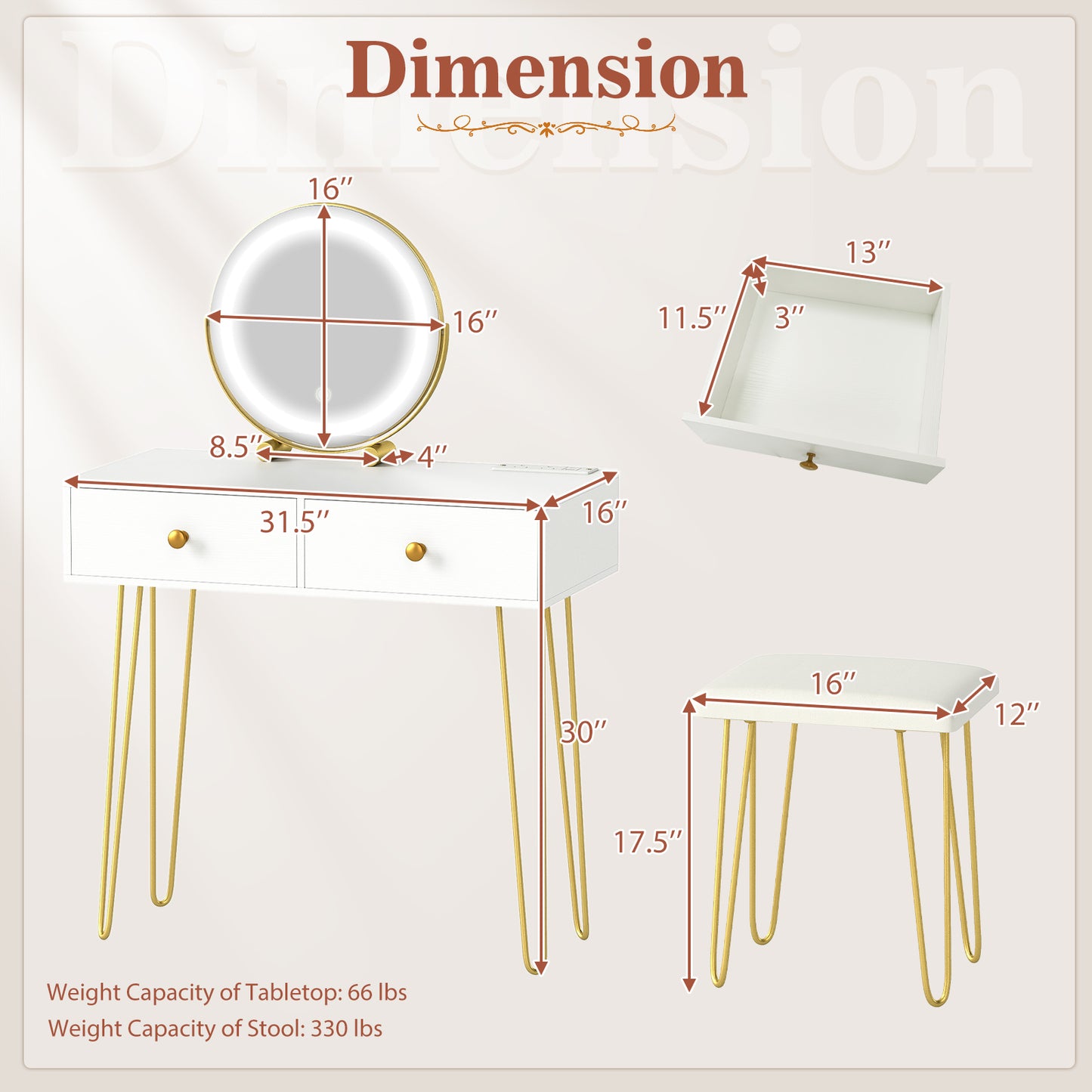 Vanity Desk with Lighted Adjustable Mirror and Stool