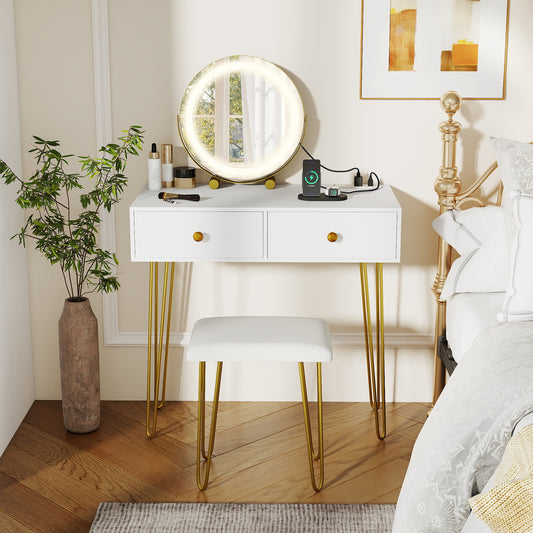 Vanity Desk with Lighted Adjustable Mirror and Stool