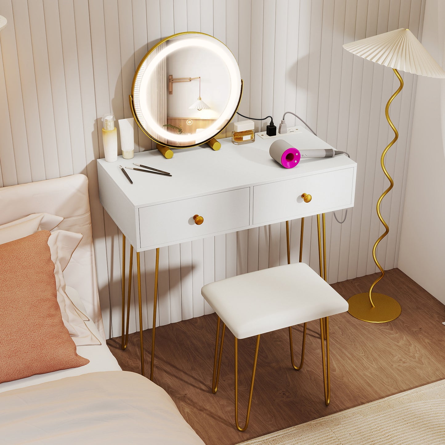Vanity Desk with Lighted Adjustable Mirror and Stool
