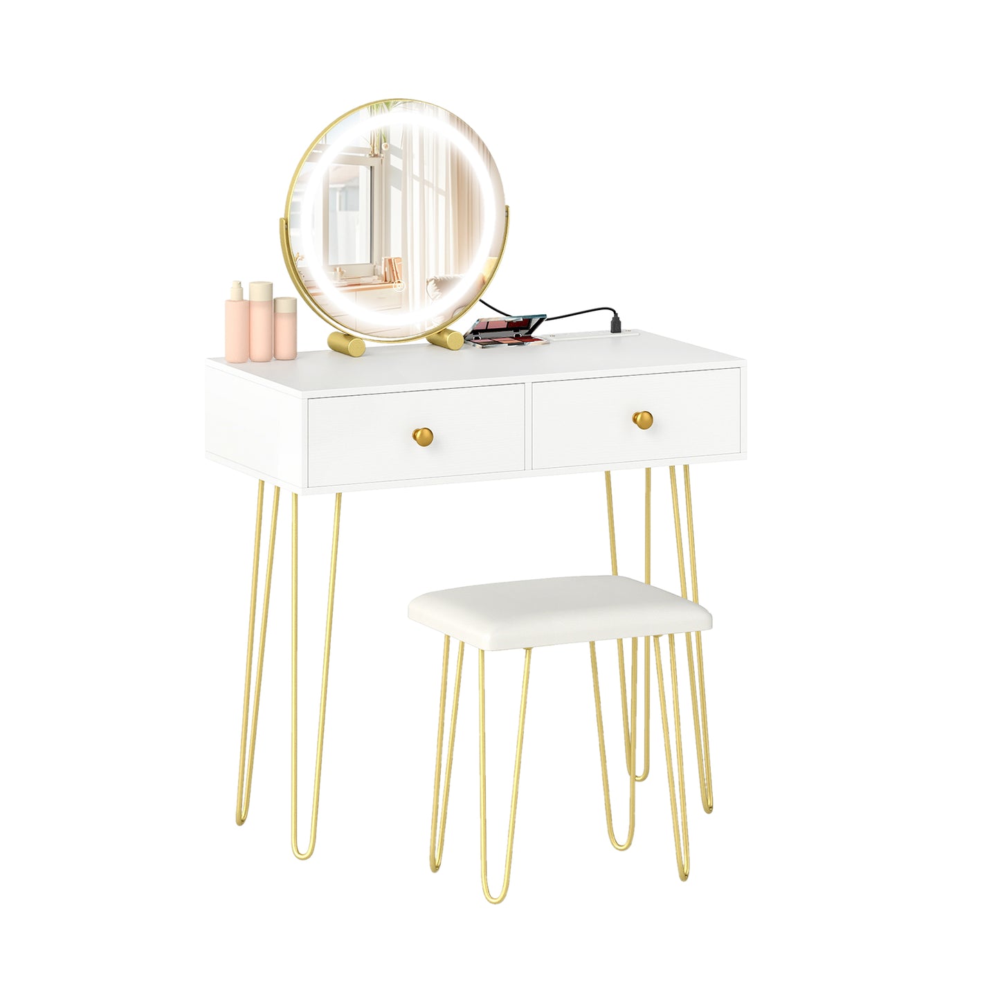 Vanity Desk with Lighted Adjustable Mirror and Stool