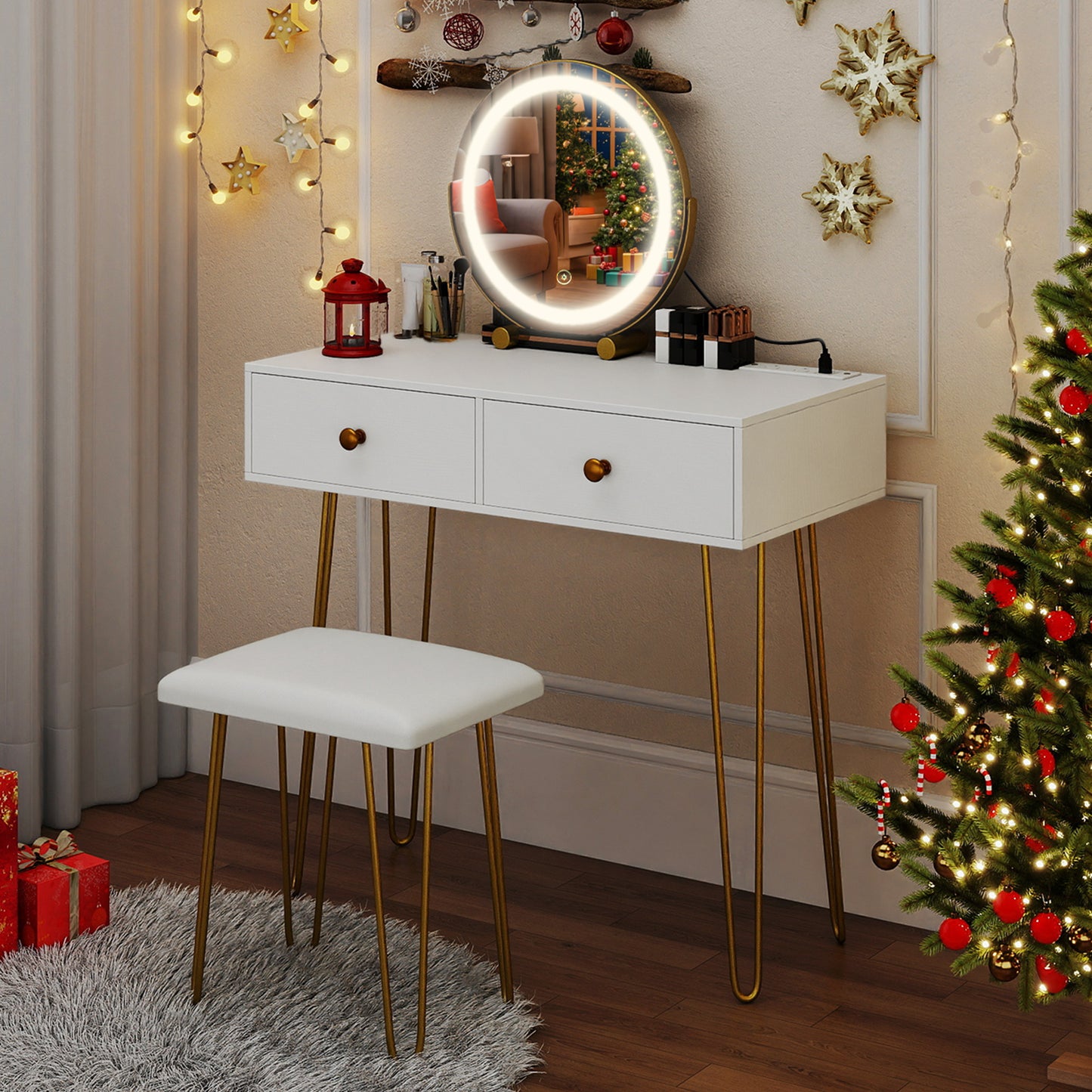 Vanity Desk with Lighted Adjustable Mirror and Stool