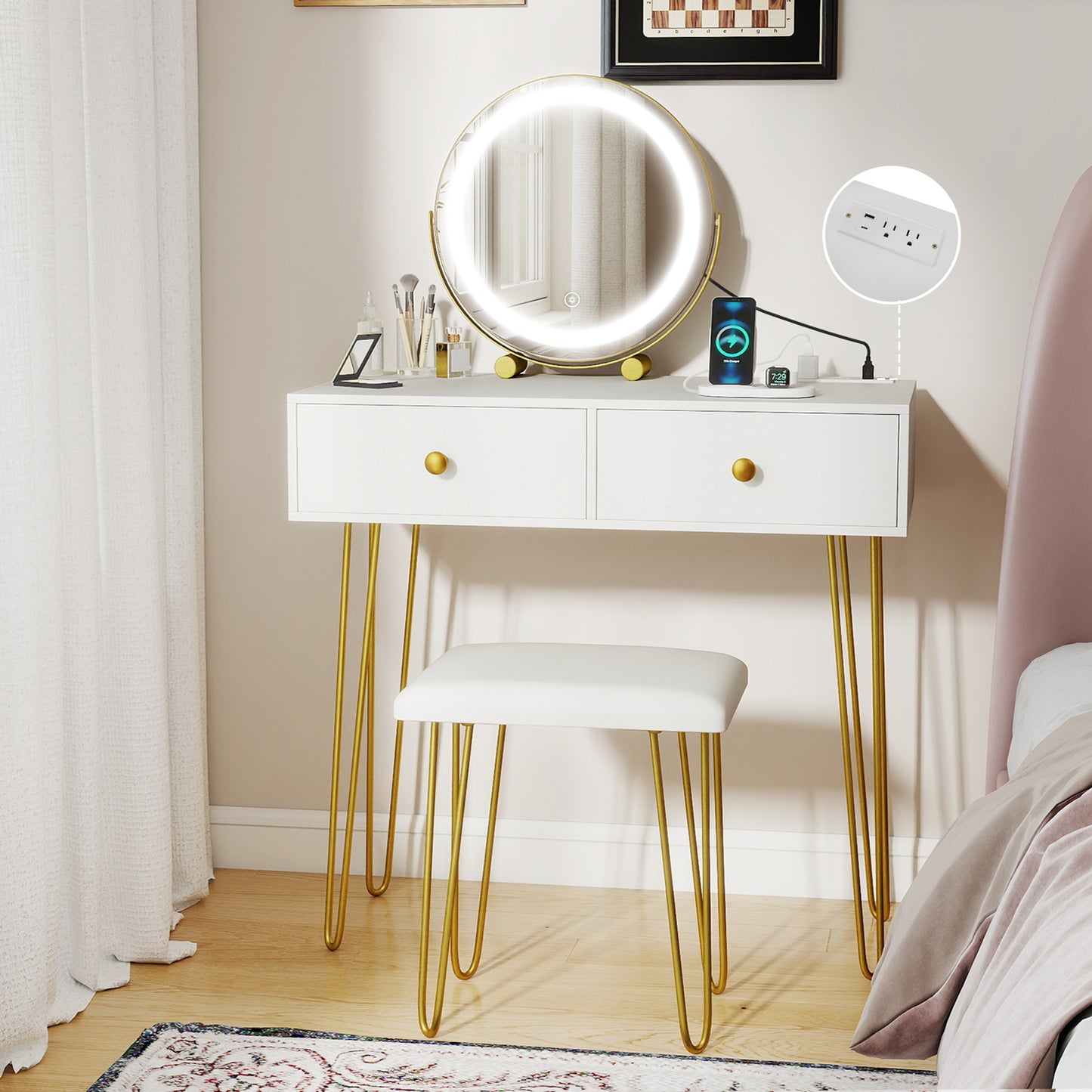 Vanity Desk with Lighted Adjustable Mirror and Stool