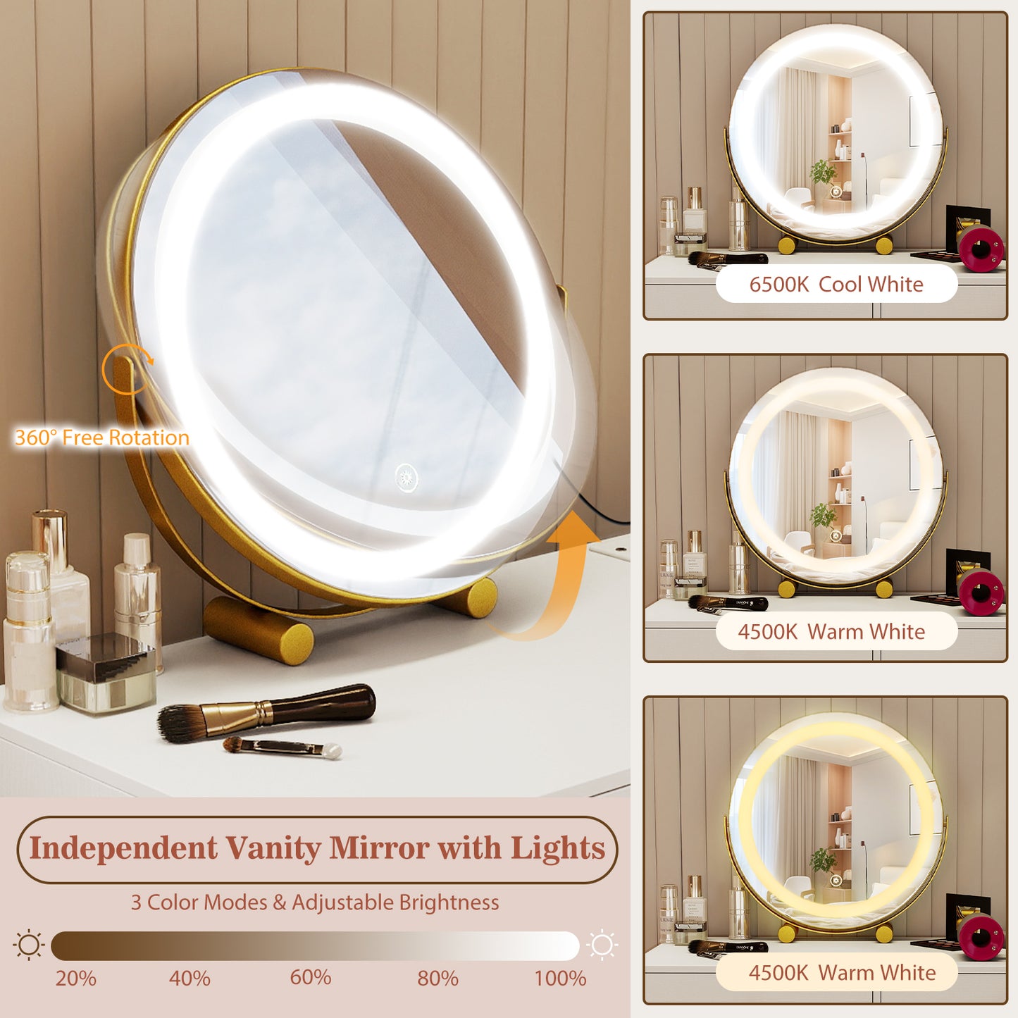 Vanity Desk with Lighted Adjustable Mirror and Stool