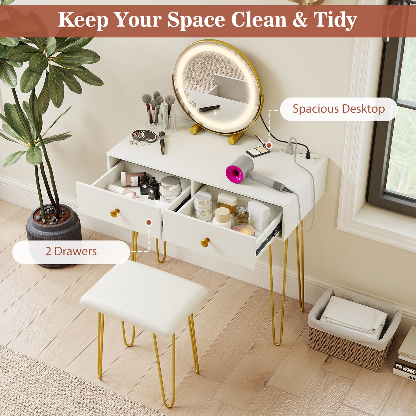 Vanity Desk with Lighted Adjustable Mirror and Stool