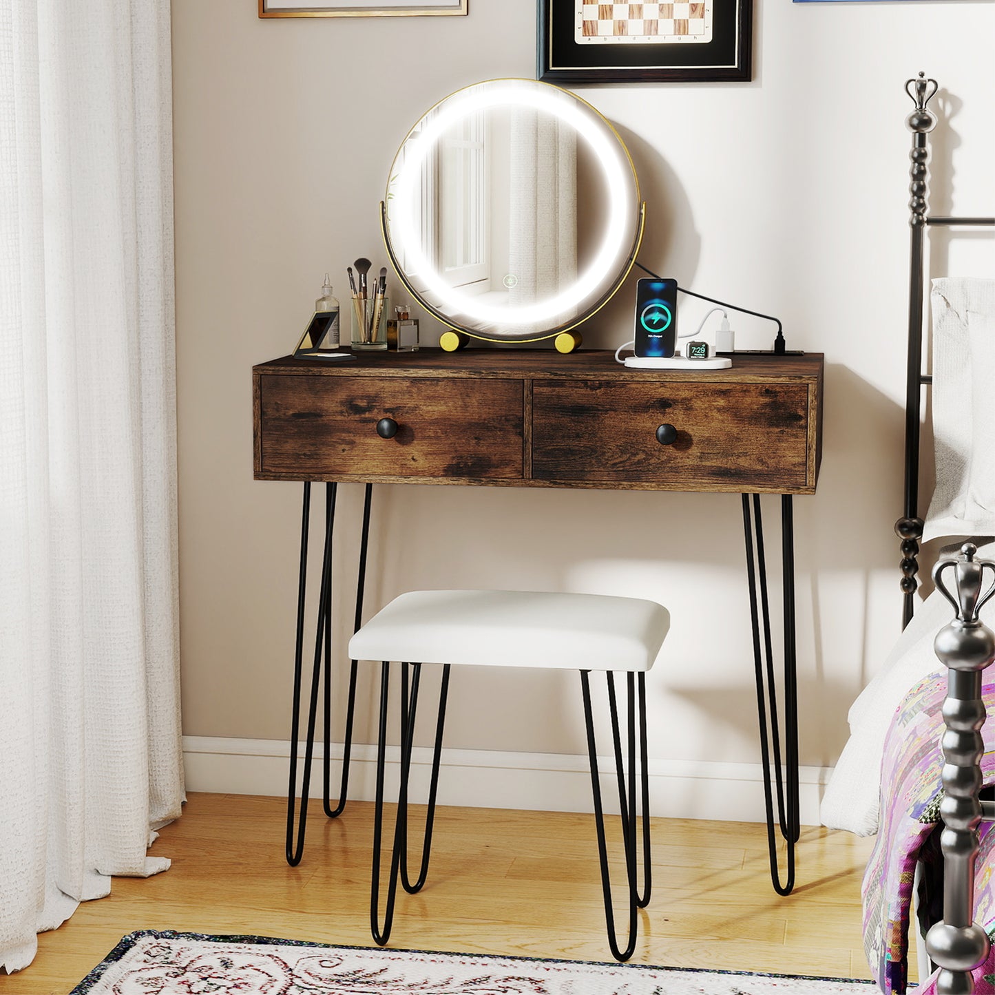 Vanity Desk with Lighted Adjustable Mirror and Stool