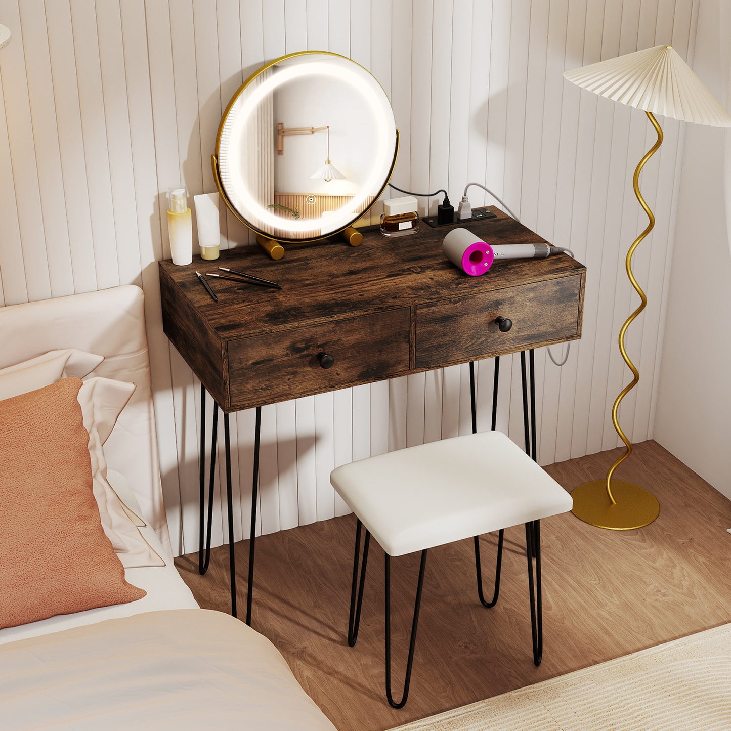 Vanity Desk with Lighted Adjustable Mirror and Stool