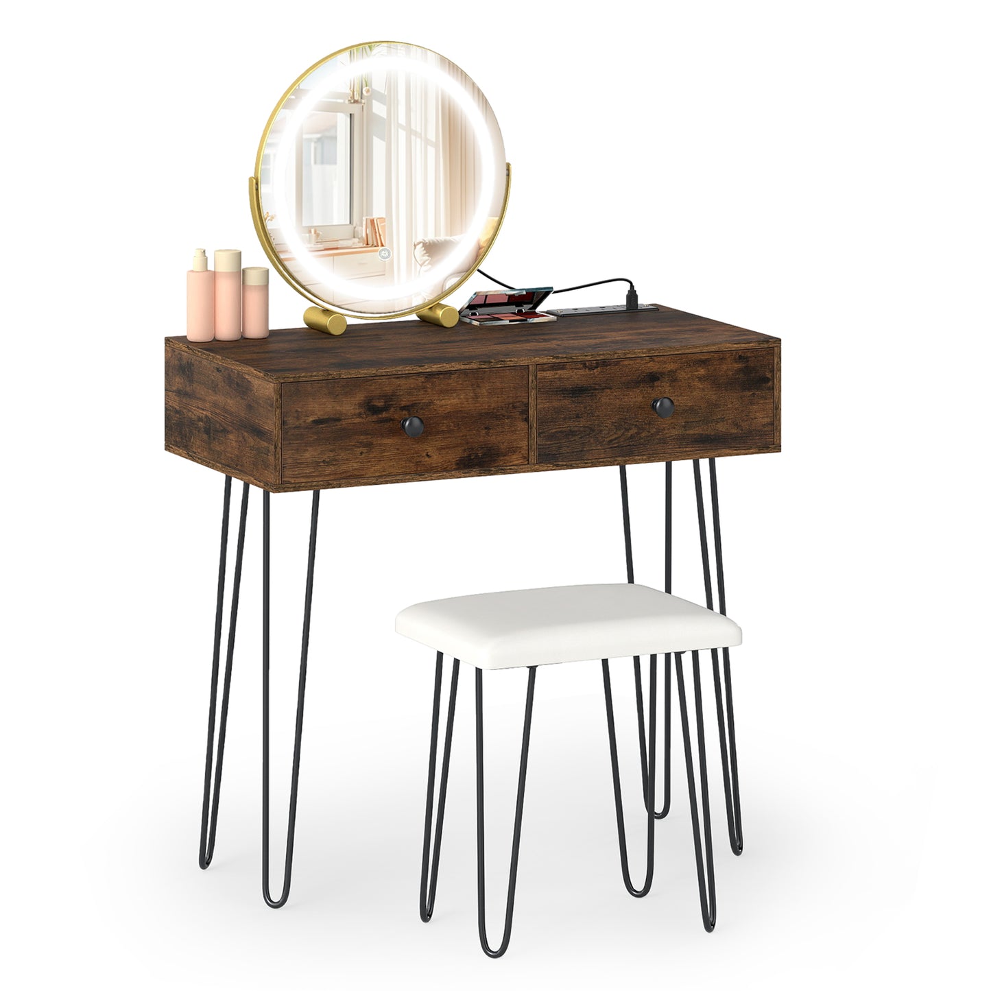 Vanity Desk with Lighted Adjustable Mirror and Stool