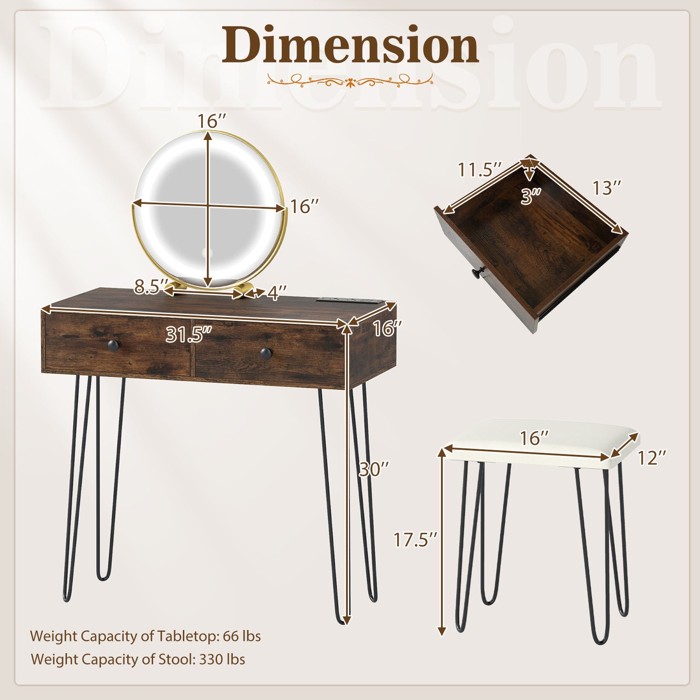 Vanity Desk with Lighted Adjustable Mirror and Stool