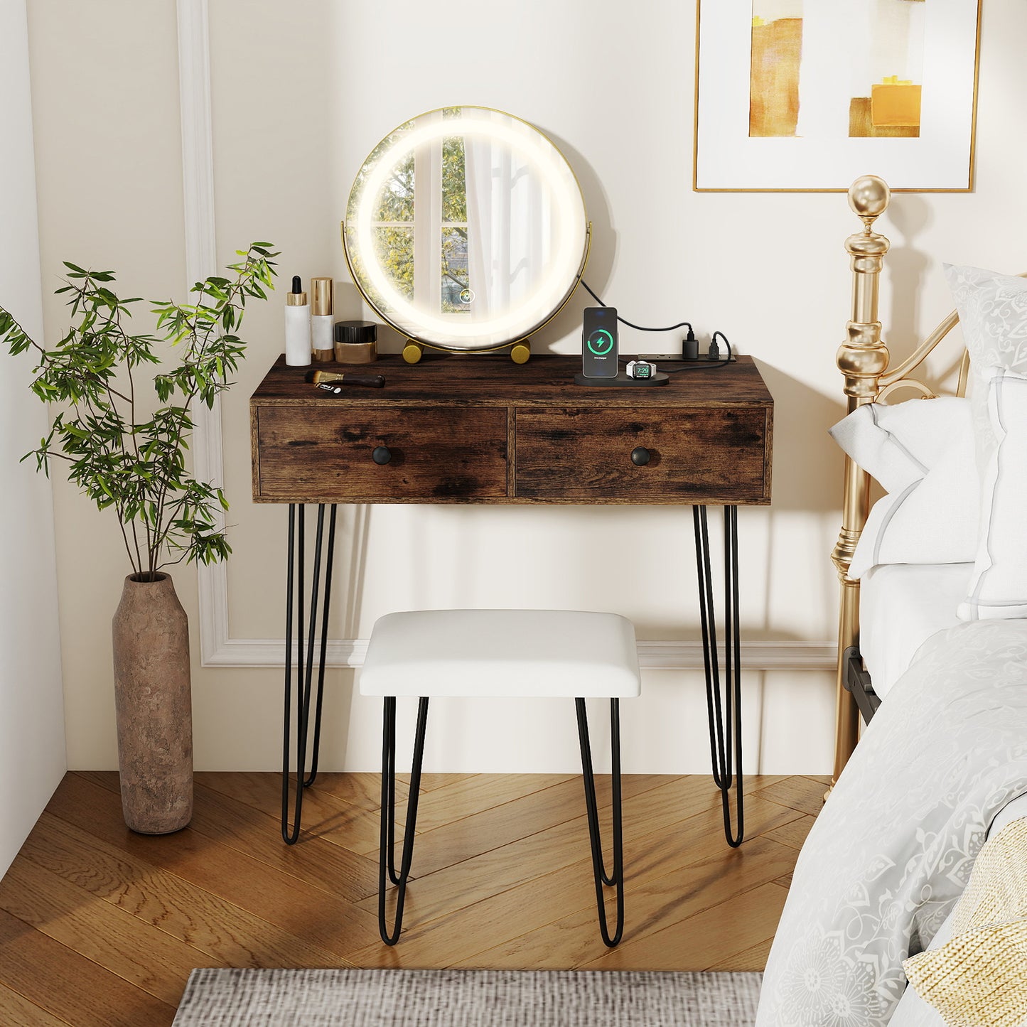 Vanity Desk with Lighted Adjustable Mirror and Stool