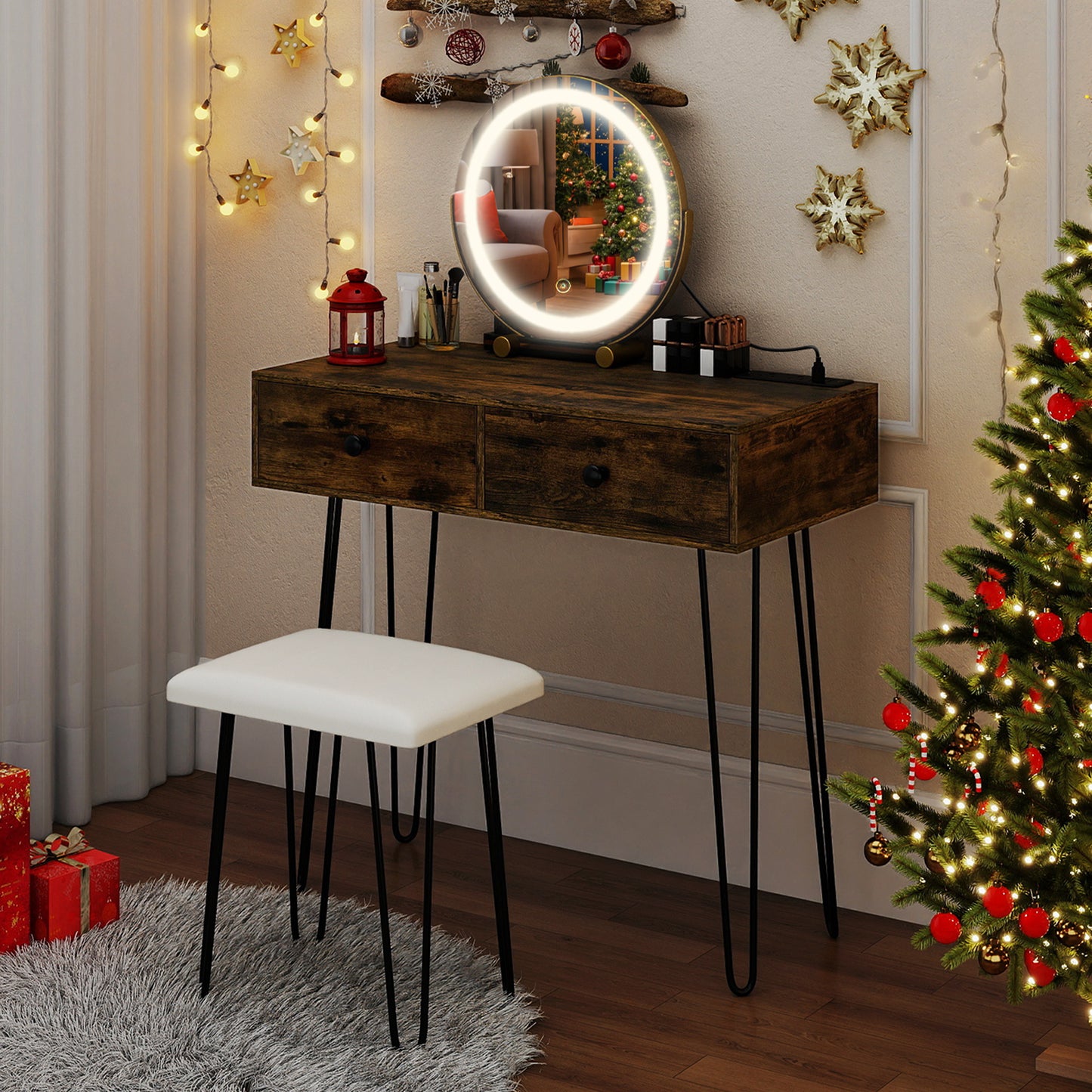 Vanity Desk with Lighted Adjustable Mirror and Stool