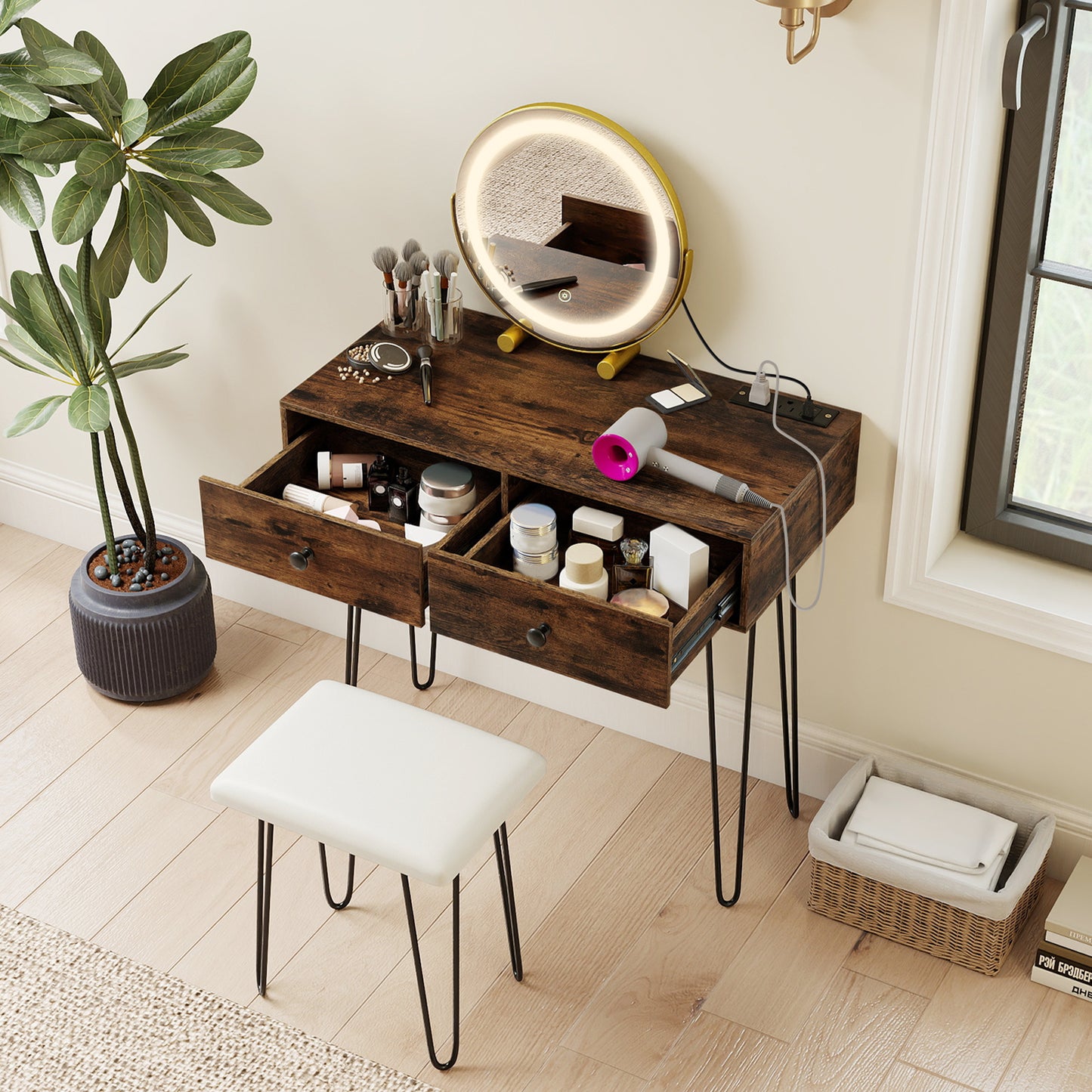 Vanity Desk with Lighted Adjustable Mirror and Stool