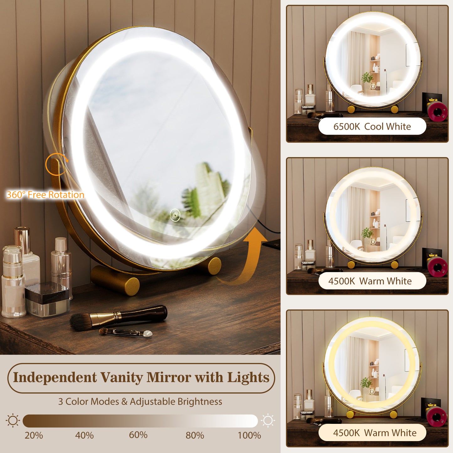 Vanity Desk with Lighted Adjustable Mirror and Stool