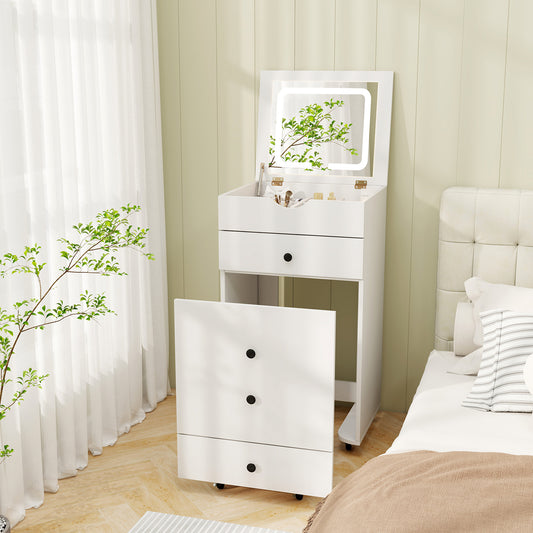 Vanity Set with Flip-Up Mirror, Cushioned Stool & LED Lights