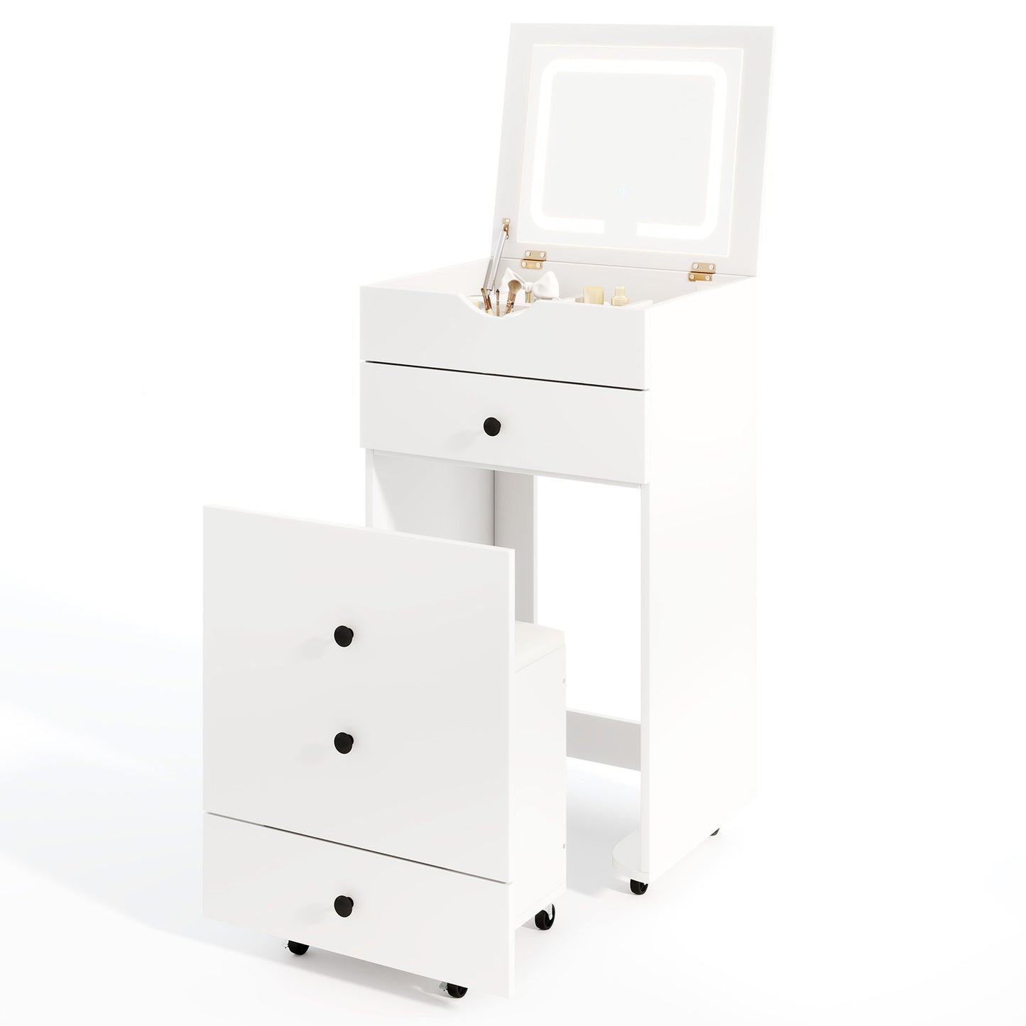 Vanity Set with Flip-Up Mirror, Cushioned Stool & LED Lights