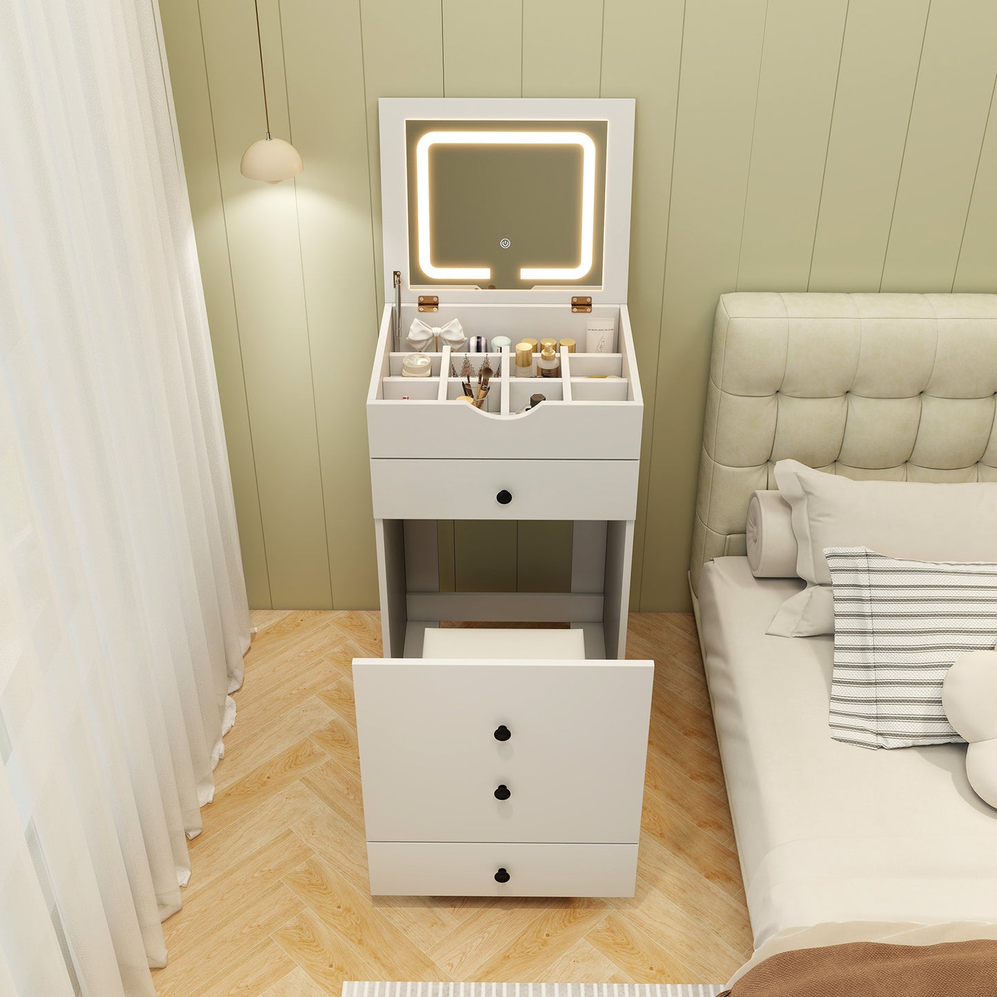 Vanity Set with Flip-Up Mirror, Cushioned Stool & LED Lights