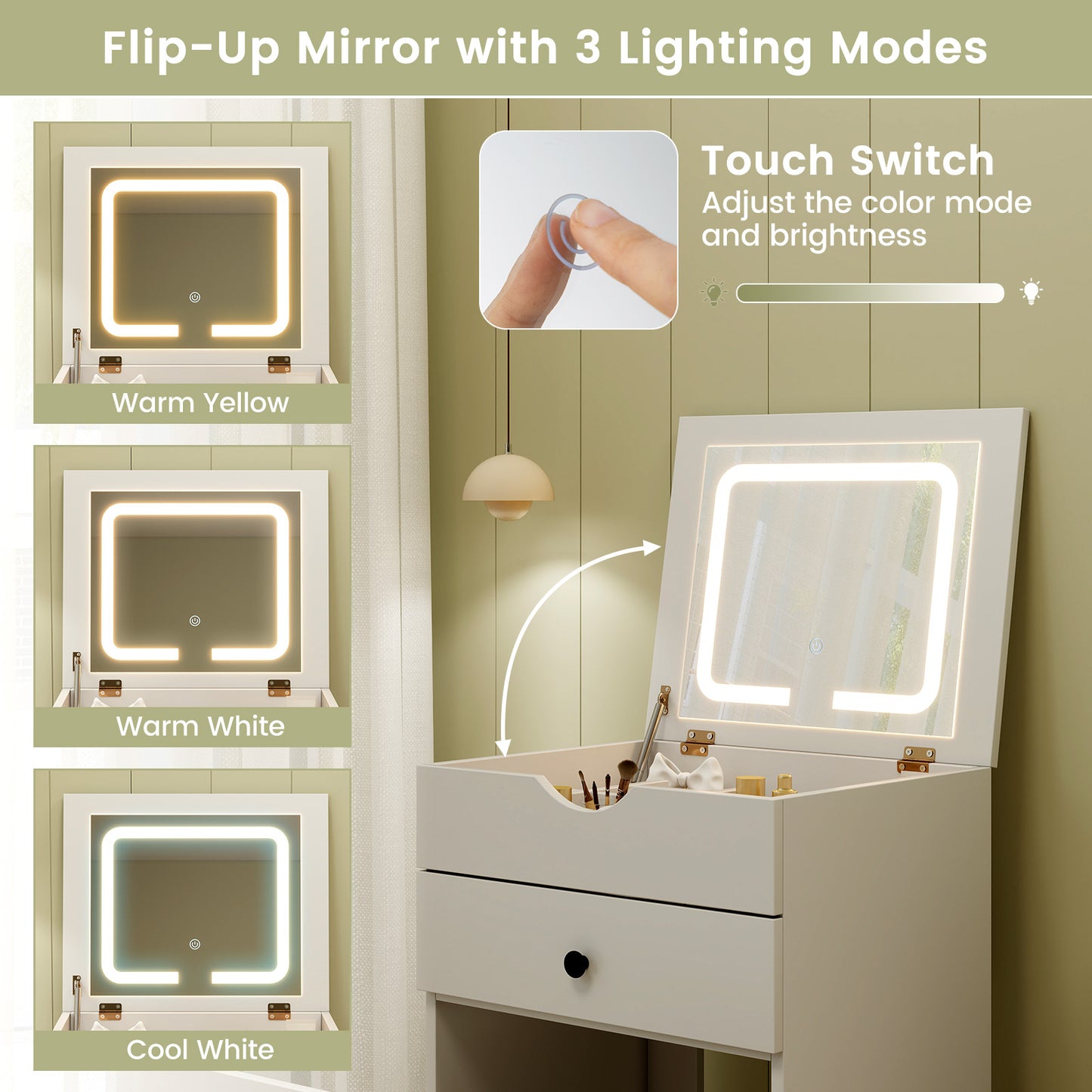 Vanity Set with Flip-Up Mirror, Cushioned Stool & LED Lights