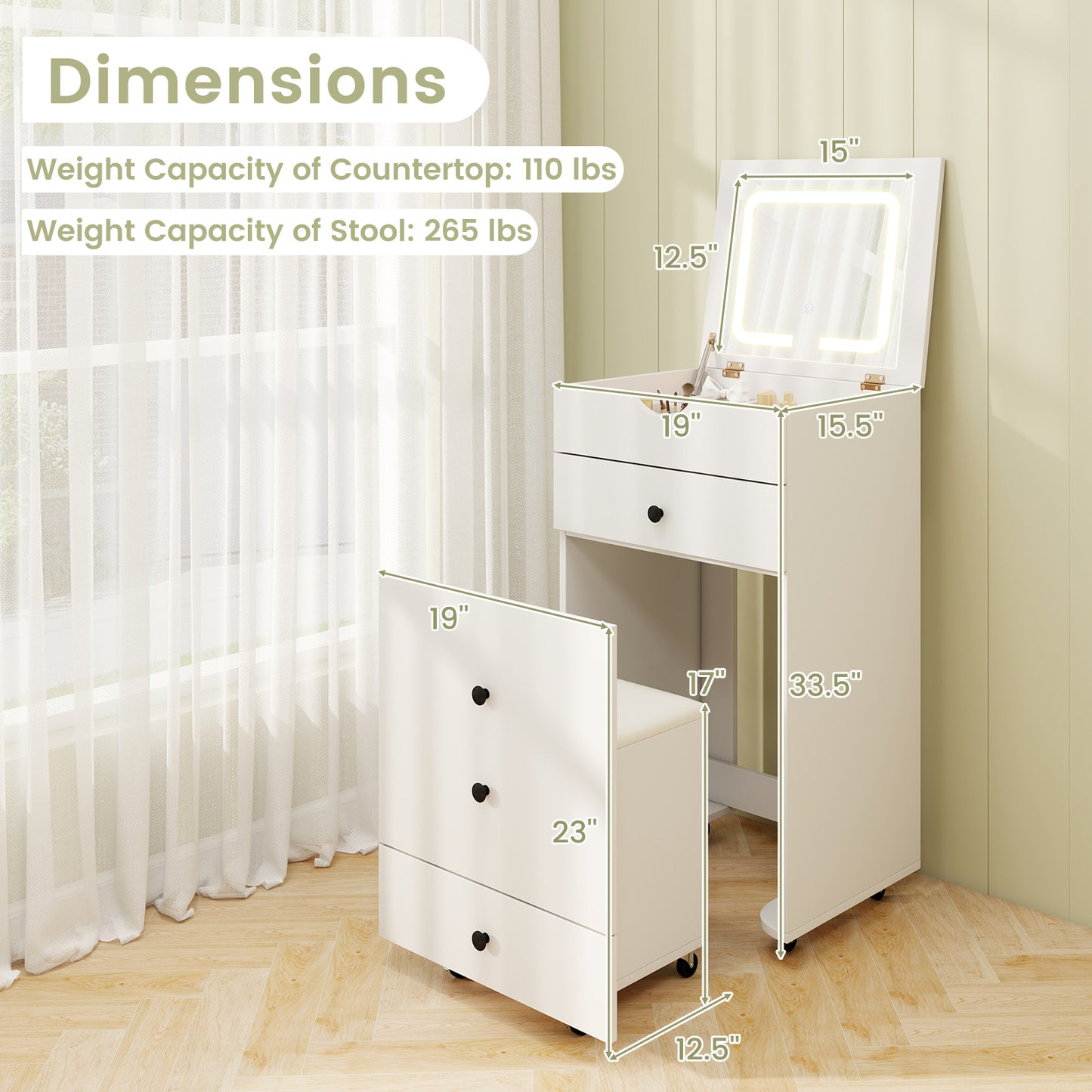 Vanity Set with Flip-Up Mirror, Cushioned Stool & LED Lights