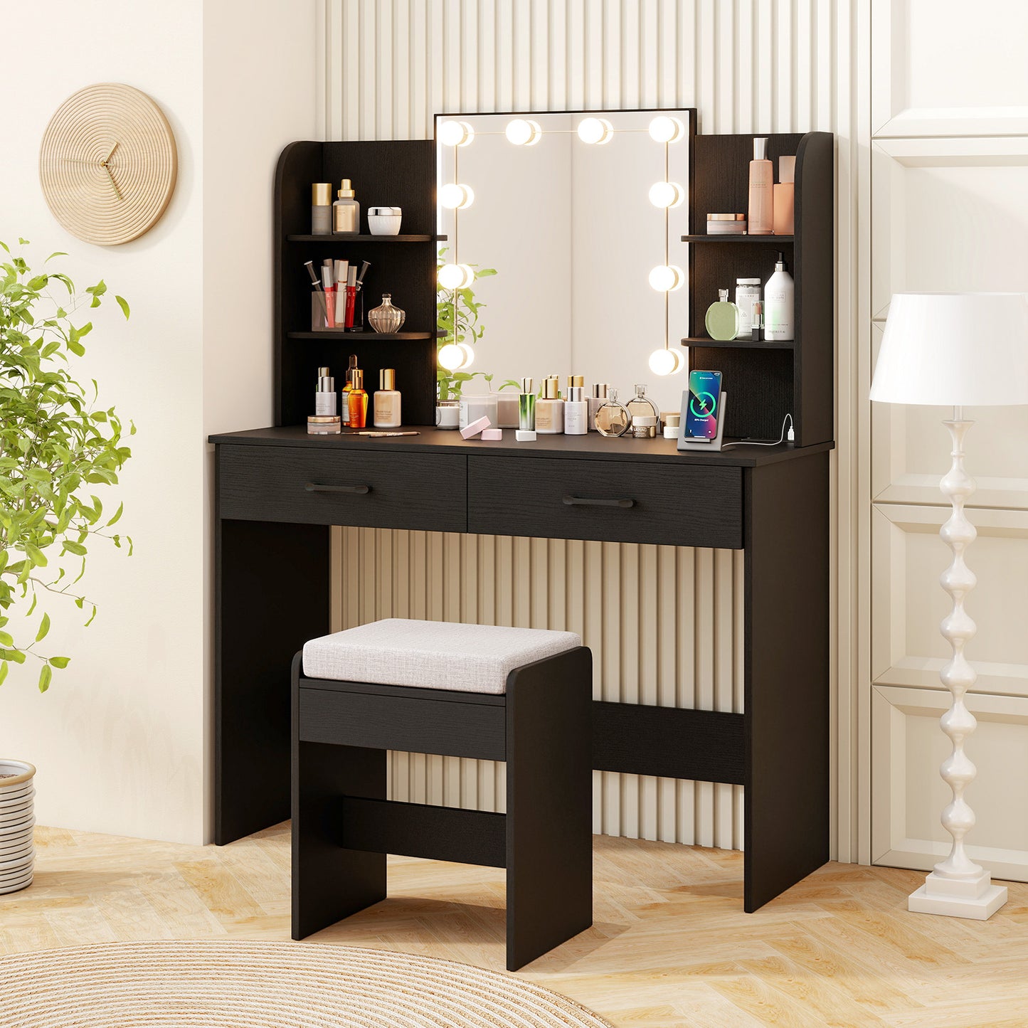 Lighted Vanity Set with Mirror, Stool & Power Outlet