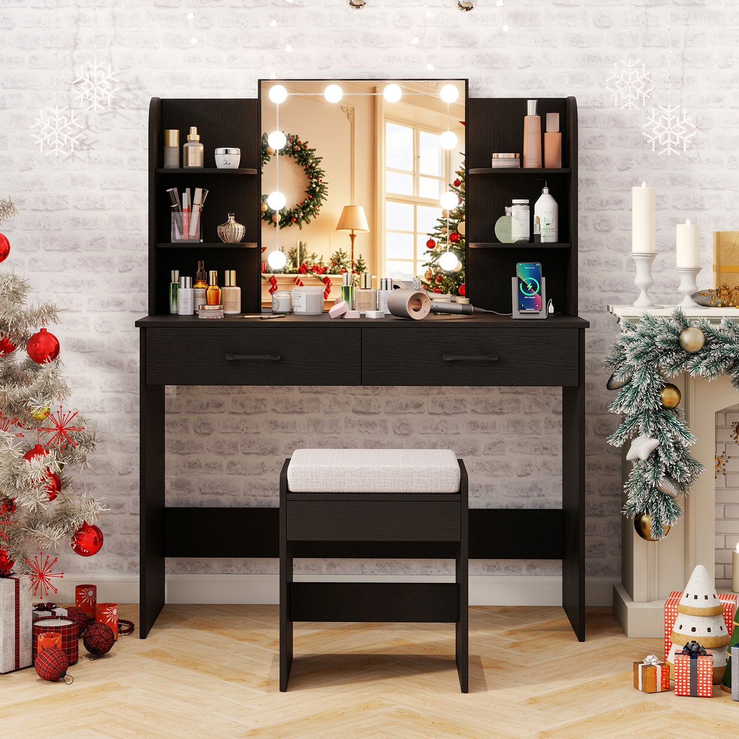 Lighted Vanity Set with Mirror, Stool & Power Outlet
