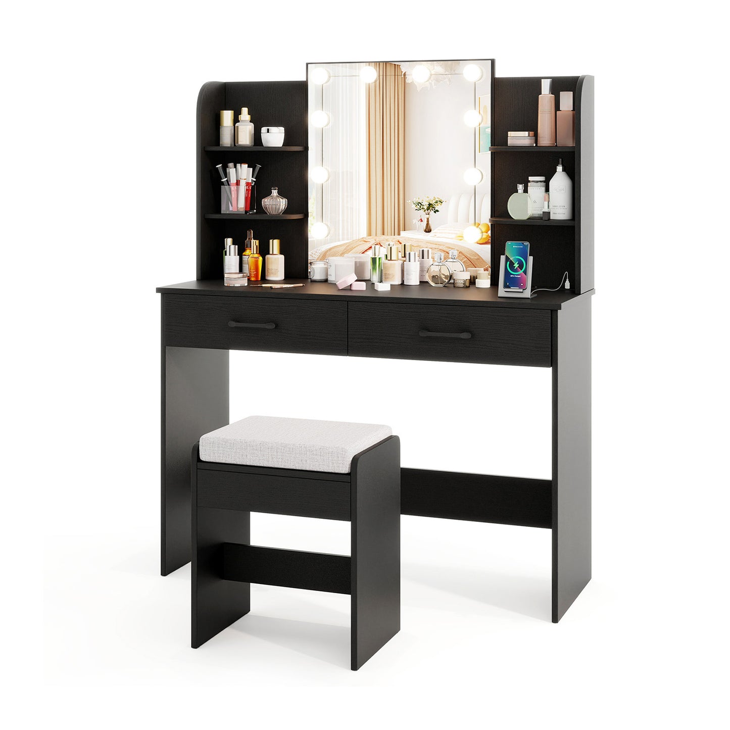 Lighted Vanity Set with Mirror, Stool & Power Outlet
