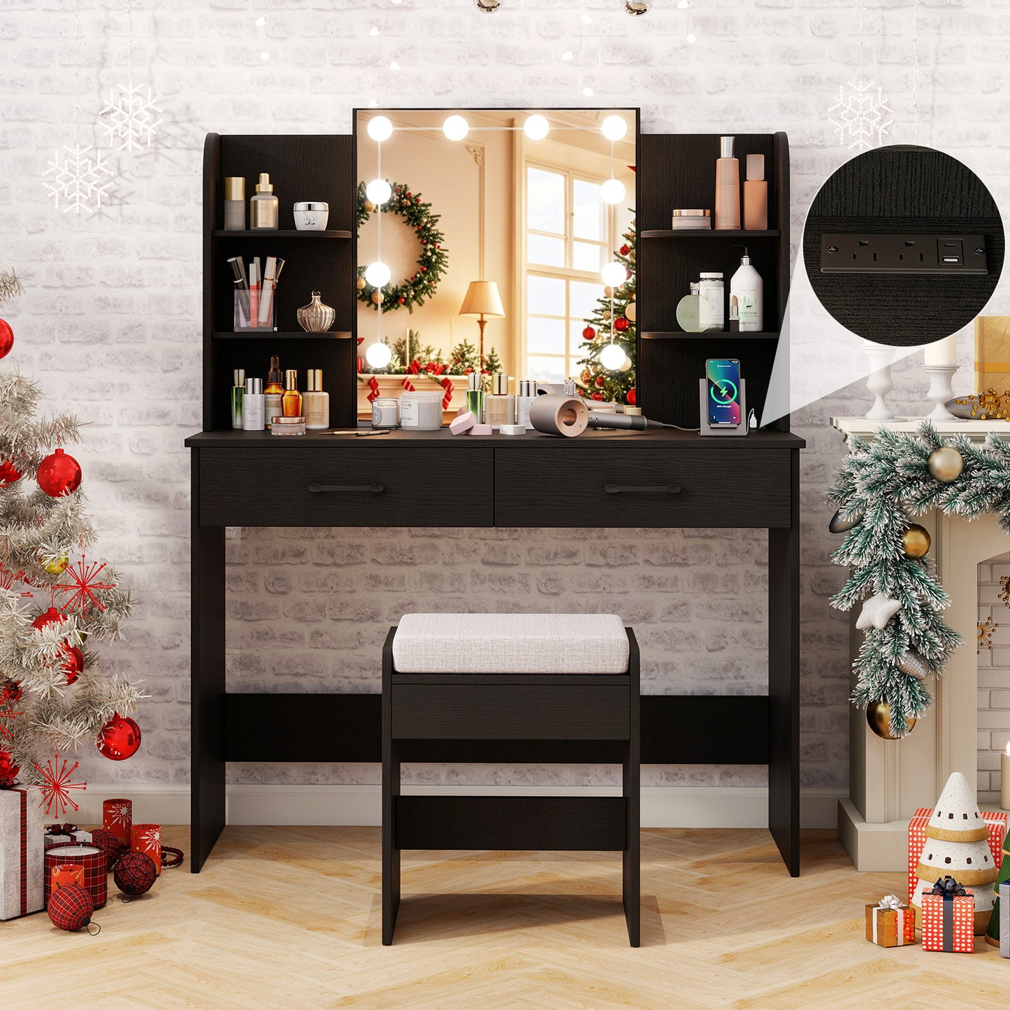 Lighted Vanity Set with Mirror, Stool & Power Outlet