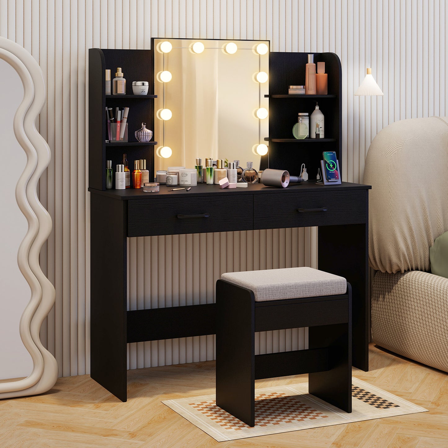 Lighted Vanity Set with Mirror, Stool & Power Outlet