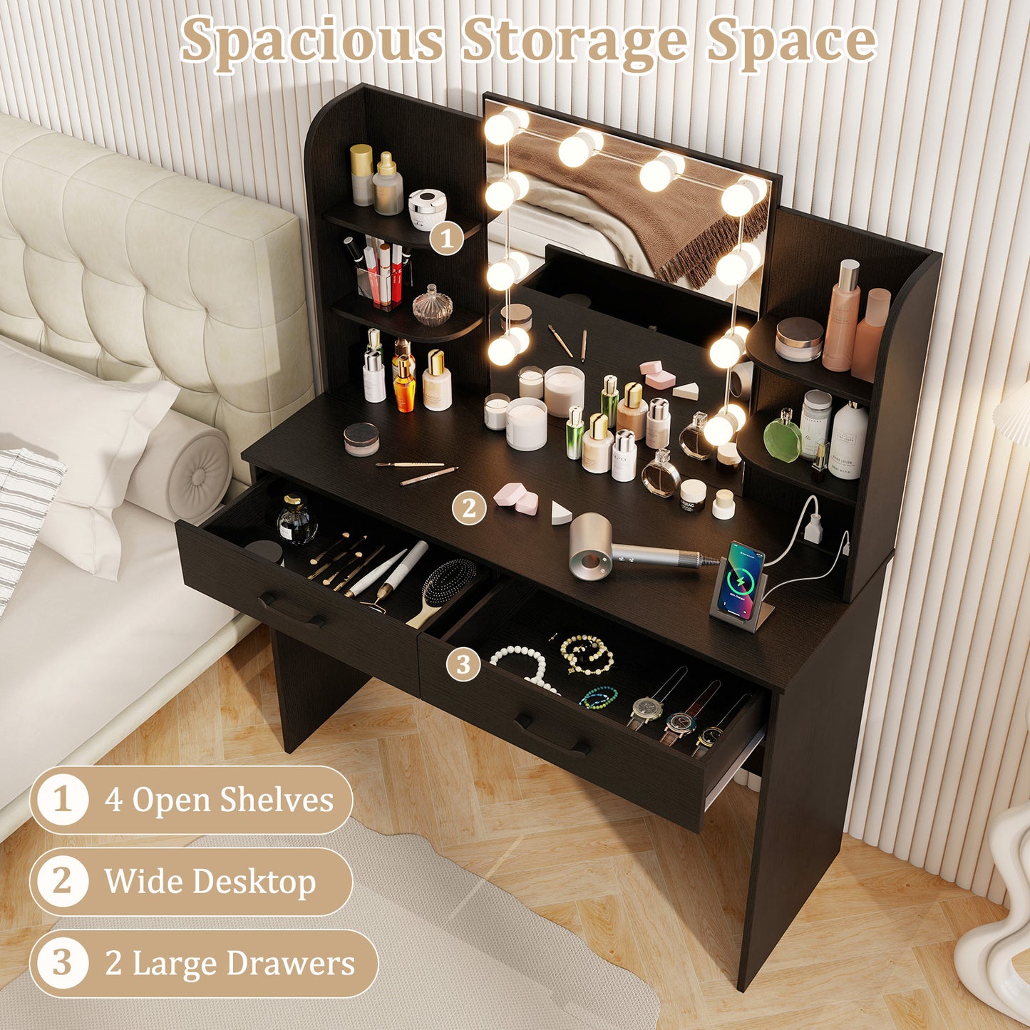 Lighted Vanity Set with Mirror, Stool & Power Outlet