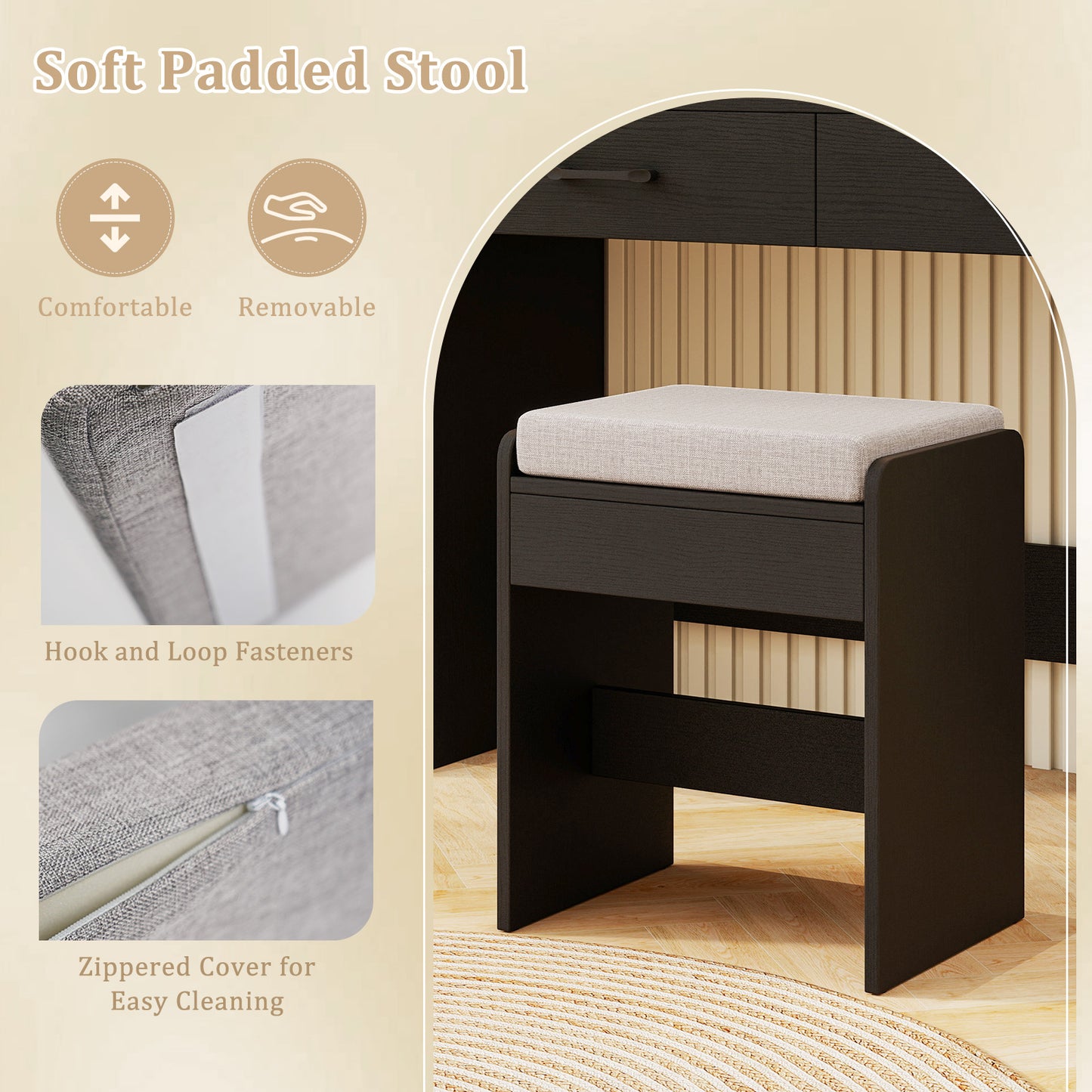 Lighted Vanity Set with Mirror, Stool & Power Outlet