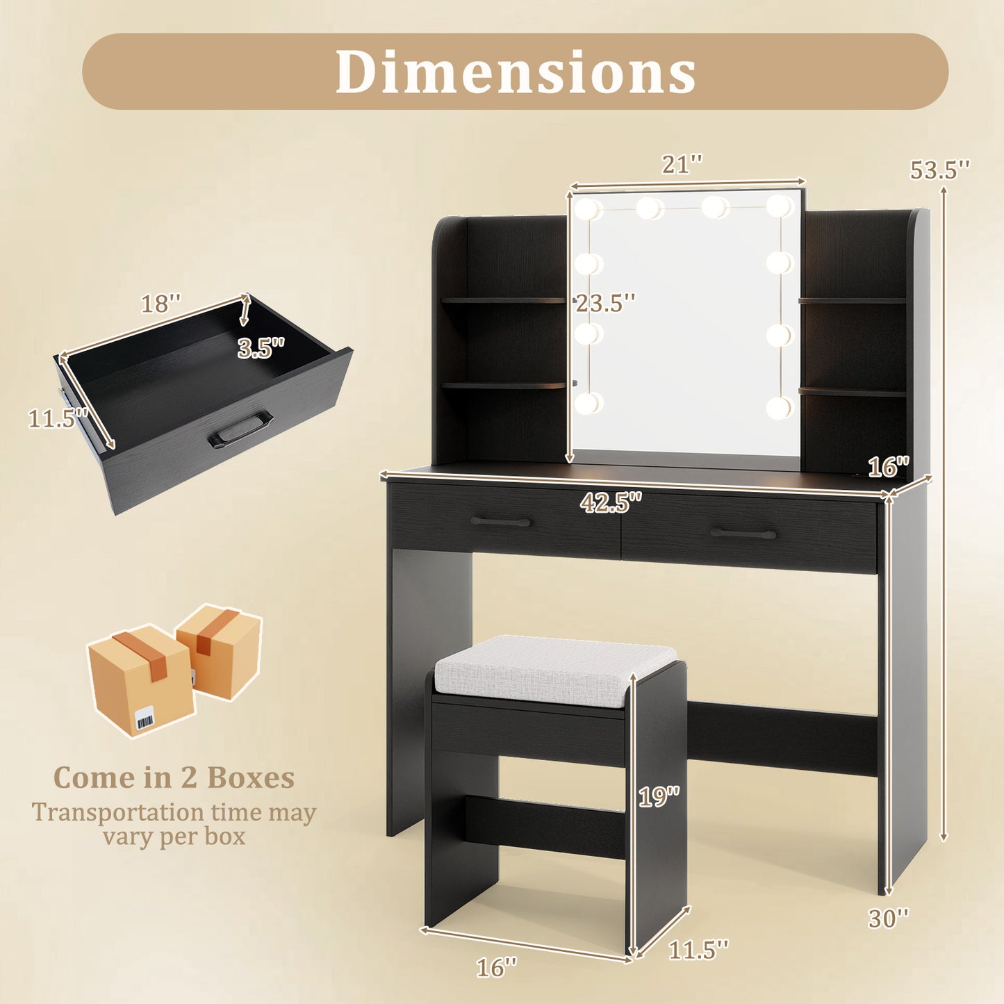 Lighted Vanity Set with Mirror, Stool & Power Outlet