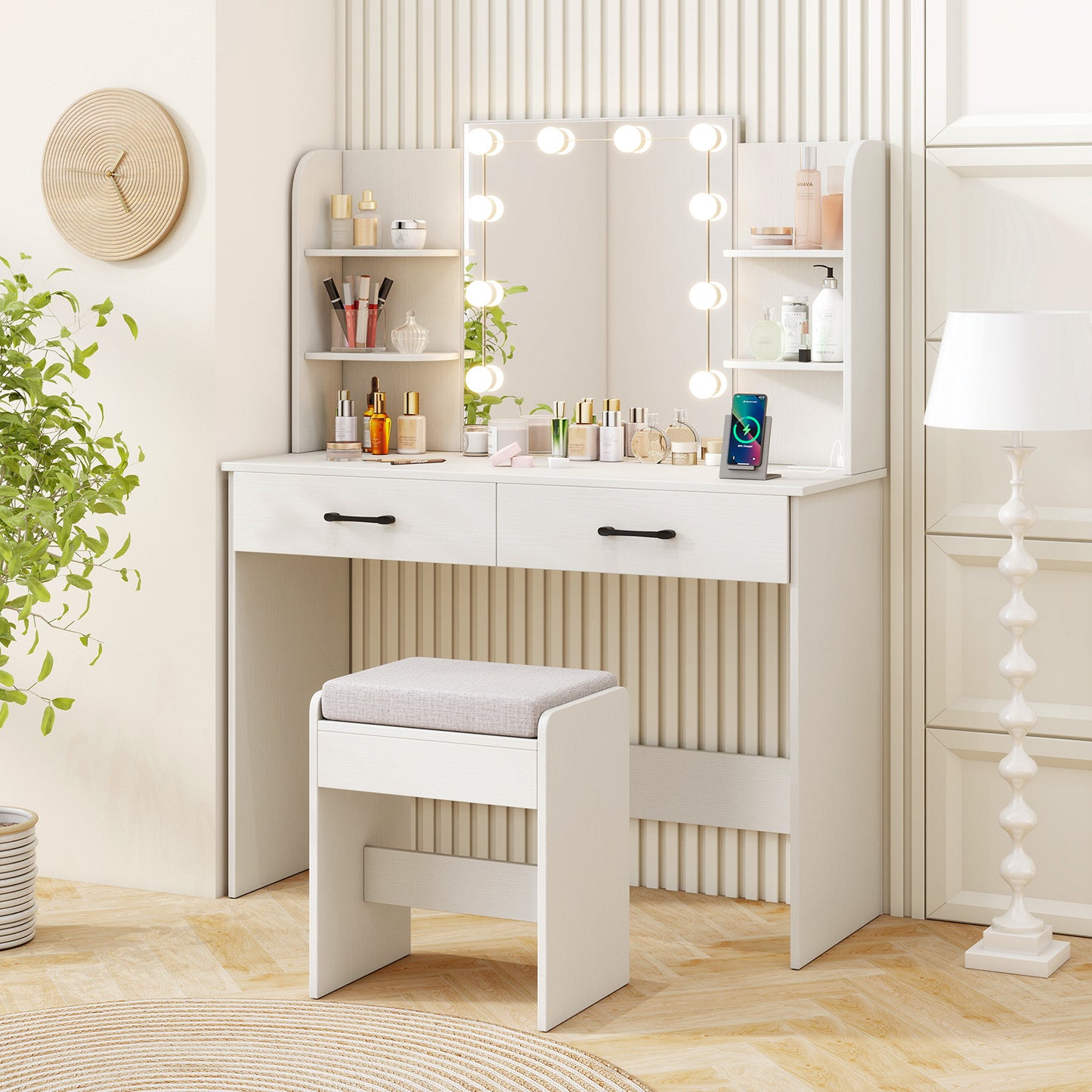 Lighted Vanity Set with Mirror, Stool & Power Outlet