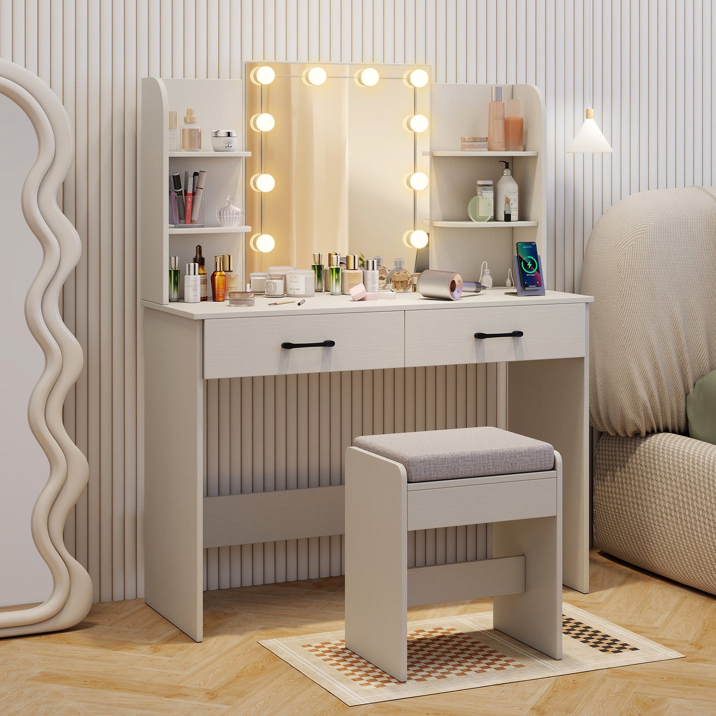 Lighted Vanity Set with Mirror, Stool & Power Outlet