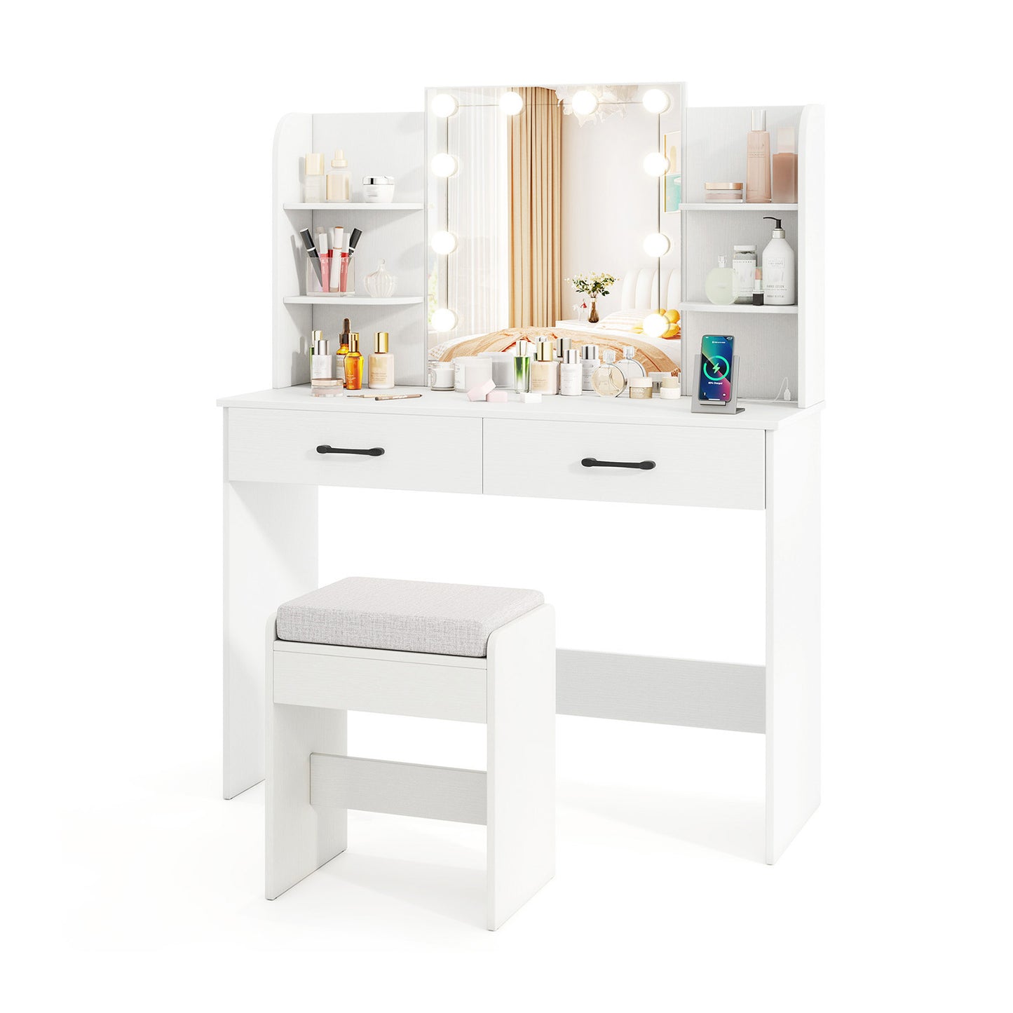 Lighted Vanity Set with Mirror, Stool & Power Outlet