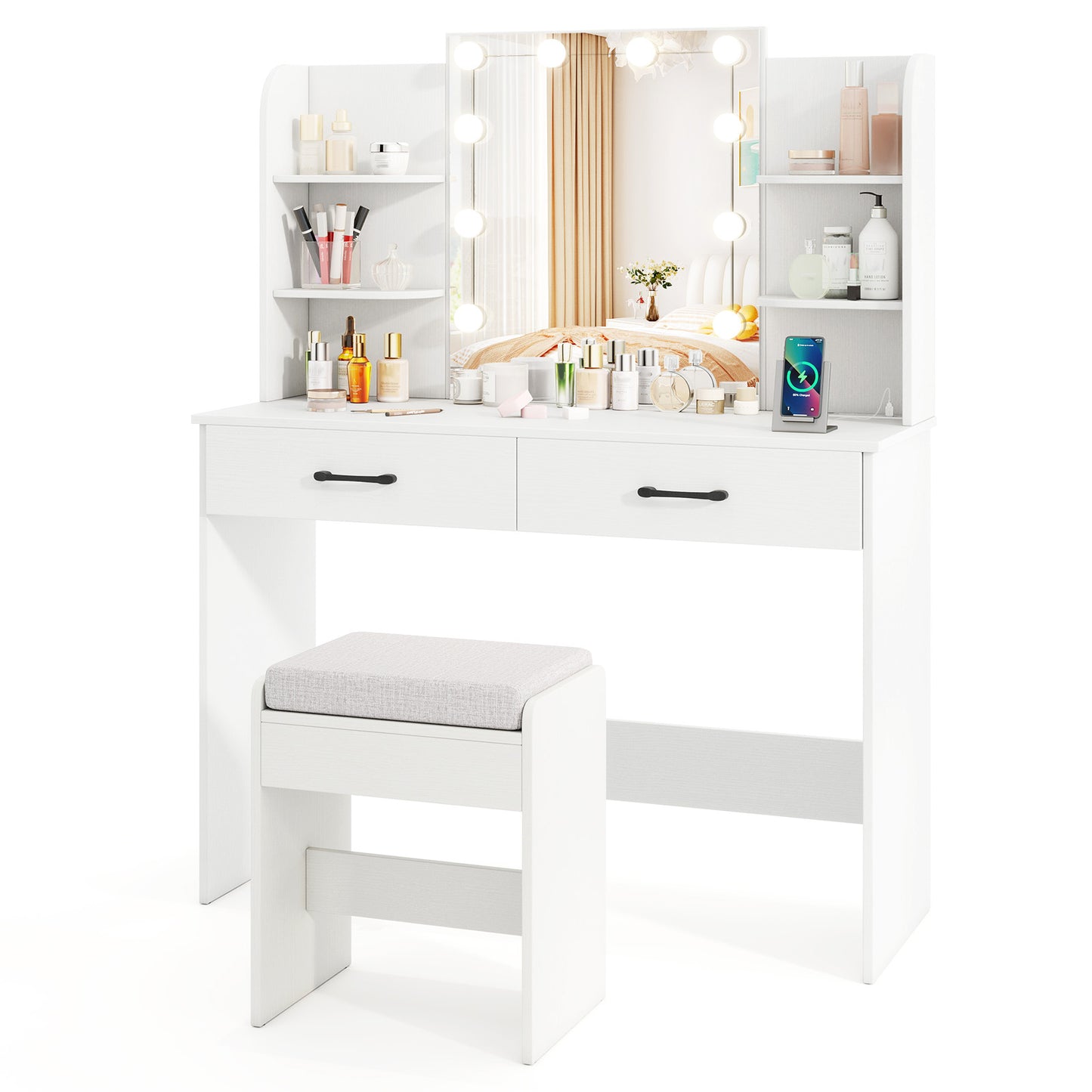 Lighted Vanity Set with Mirror, Stool & Power Outlet