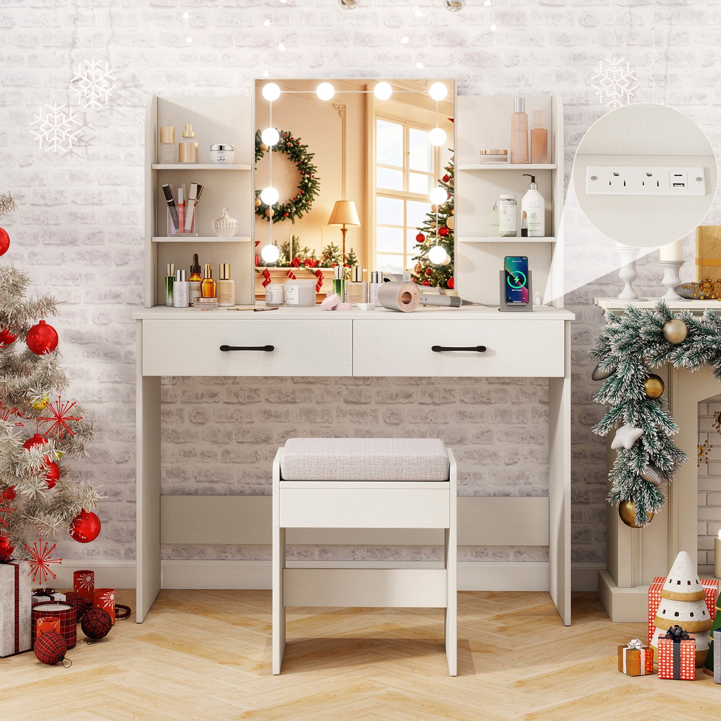 Lighted Vanity Set with Mirror, Stool & Power Outlet