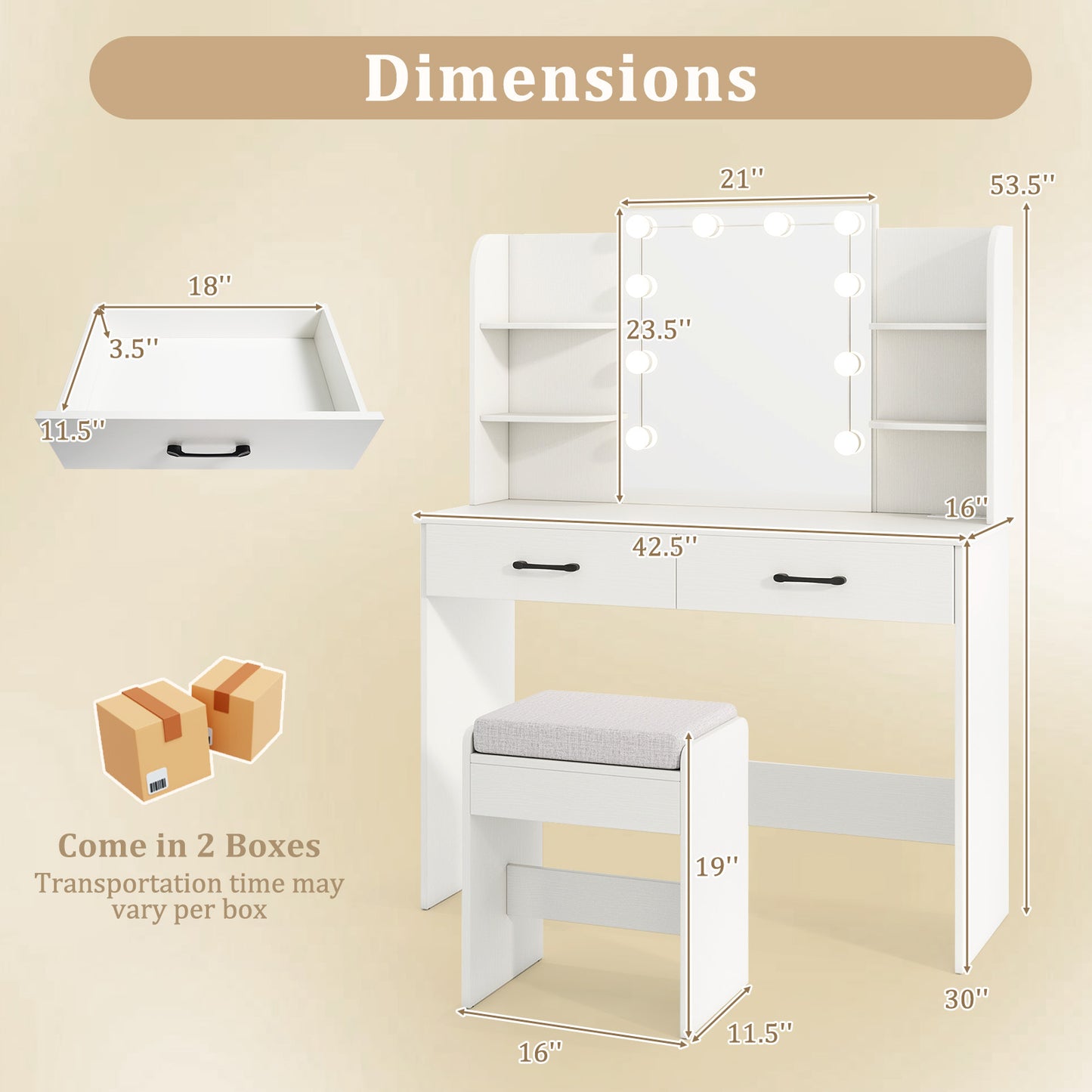 Lighted Vanity Set with Mirror, Stool & Power Outlet