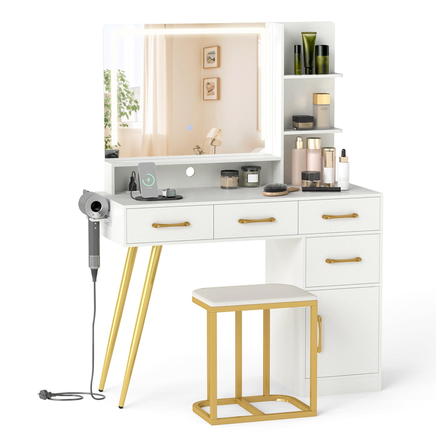 Vanity Set with Lighted Mirror, Stool & Adjustable LED Lights