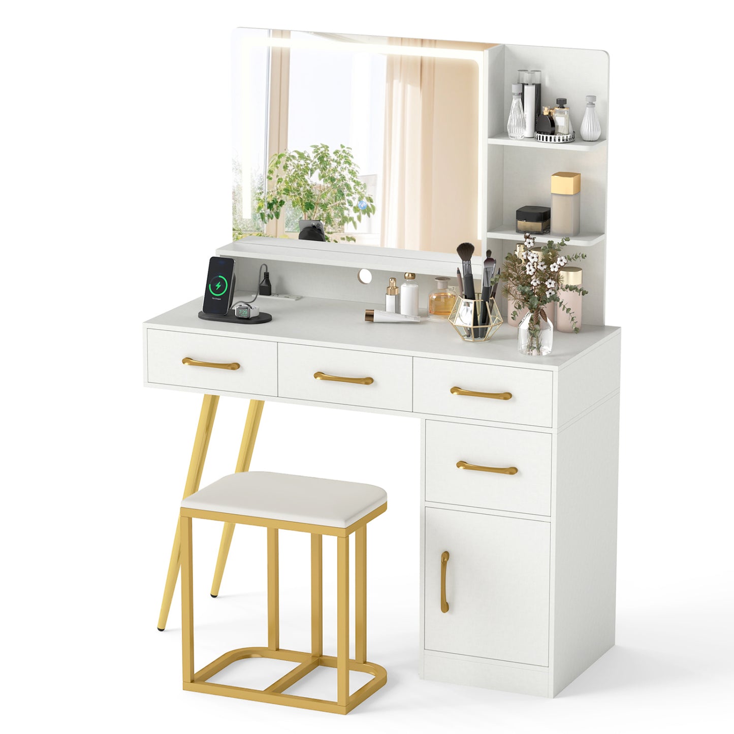 Vanity Set with Lighted Mirror, Stool & Adjustable LED Lights