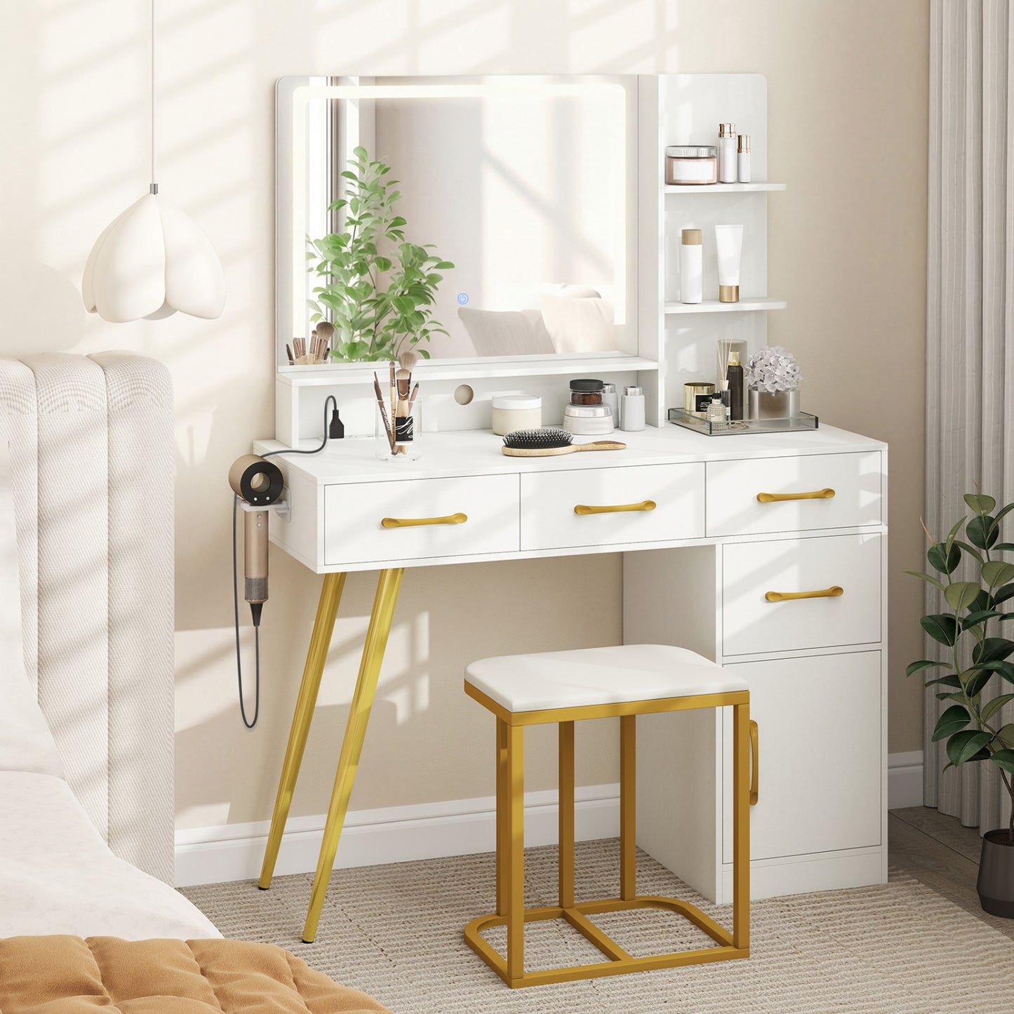 Vanity Set with Lighted Mirror, Stool & Adjustable LED Lights