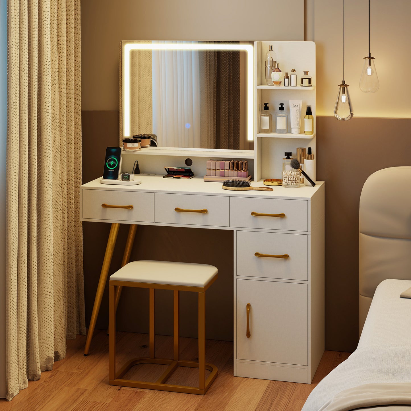 Vanity Set with Lighted Mirror, Stool & Adjustable LED Lights