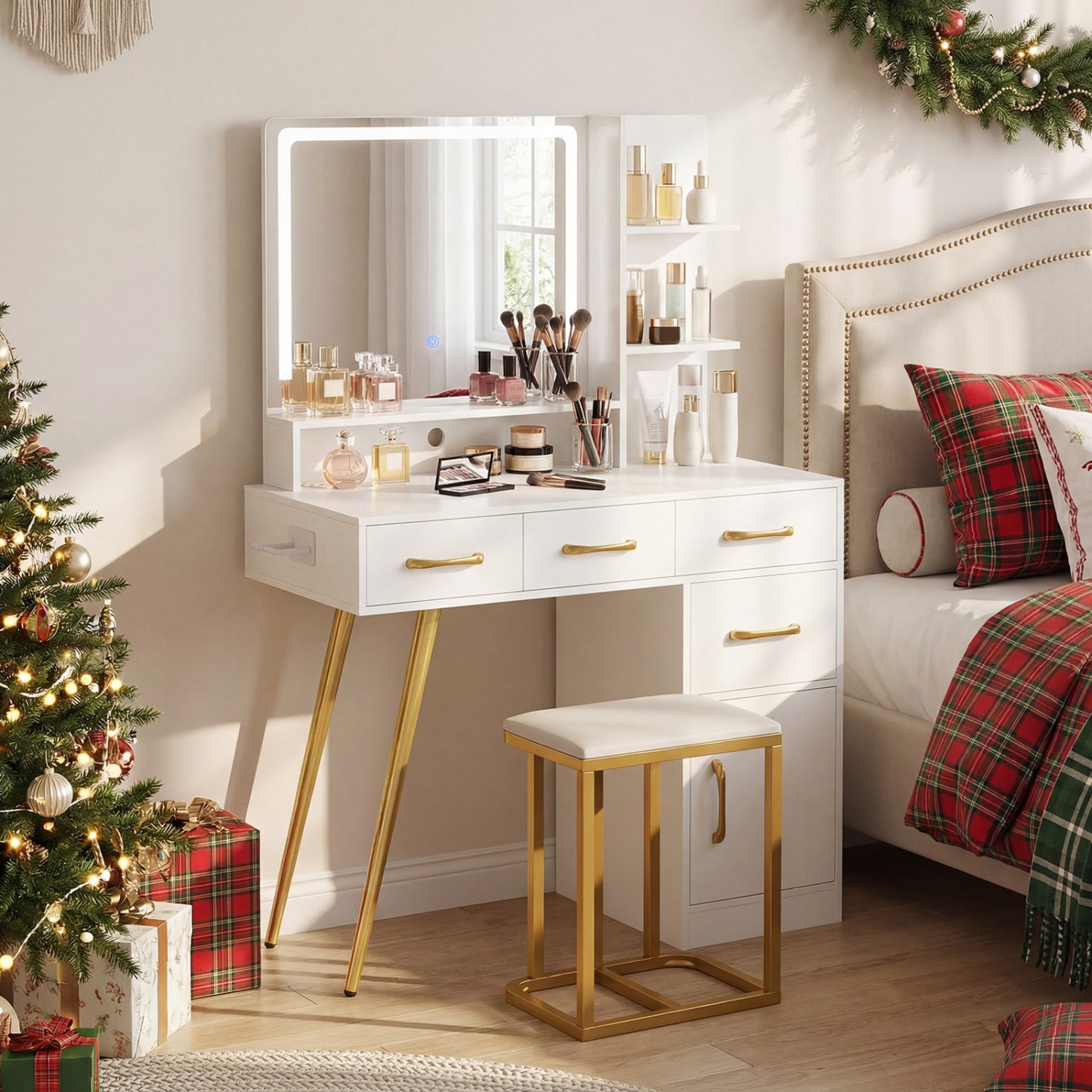 Vanity Set with Lighted Mirror, Stool & Adjustable LED Lights