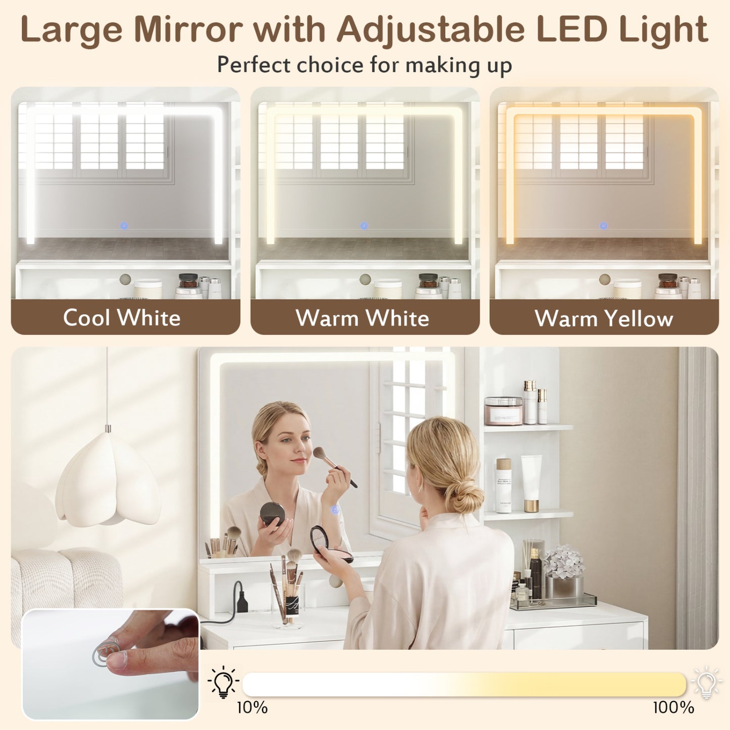 Vanity Set with Lighted Mirror, Stool & Adjustable LED Lights