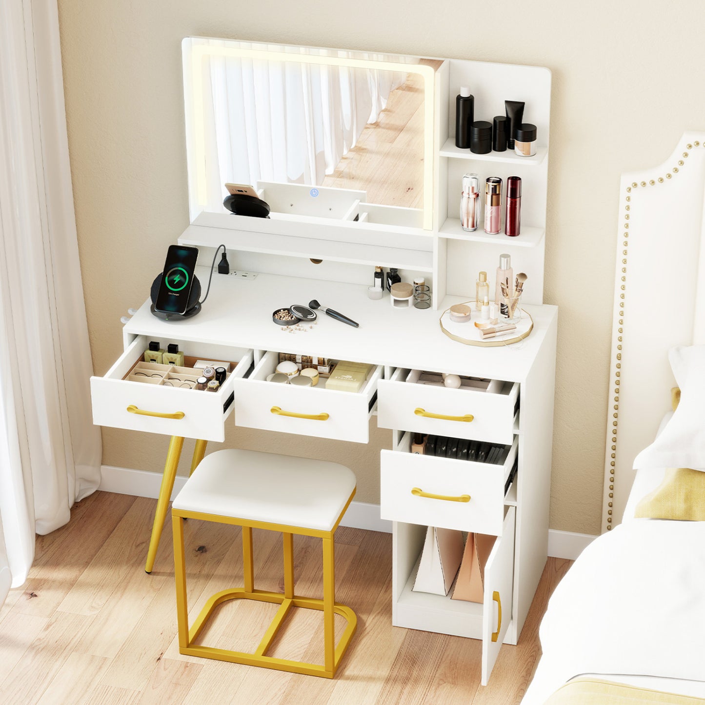 Vanity Set with Lighted Mirror, Stool & Adjustable LED Lights